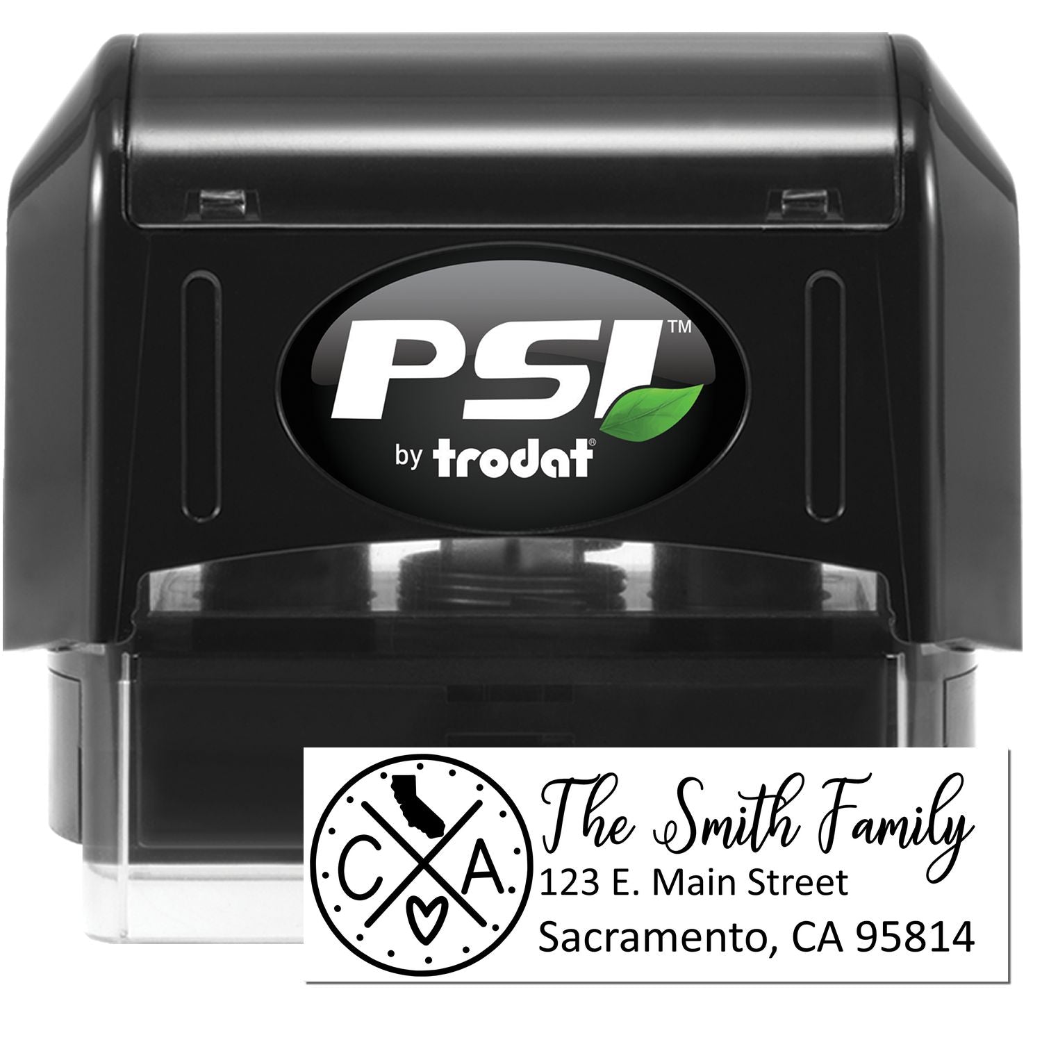 PSI Pre-Inked California State Pride Customized Address Stamp featuring a sleek black design with a sample address for The Smith Family in Sacramento, CA, and a California state emblem.