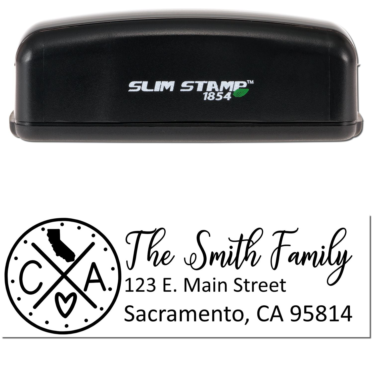 Slim California Customized Pre-Inked Address Stamp in black, featuring a personalized design with The Smith Family and a Sacramento, CA address. Ideal for efficient and stylish mail labeling.