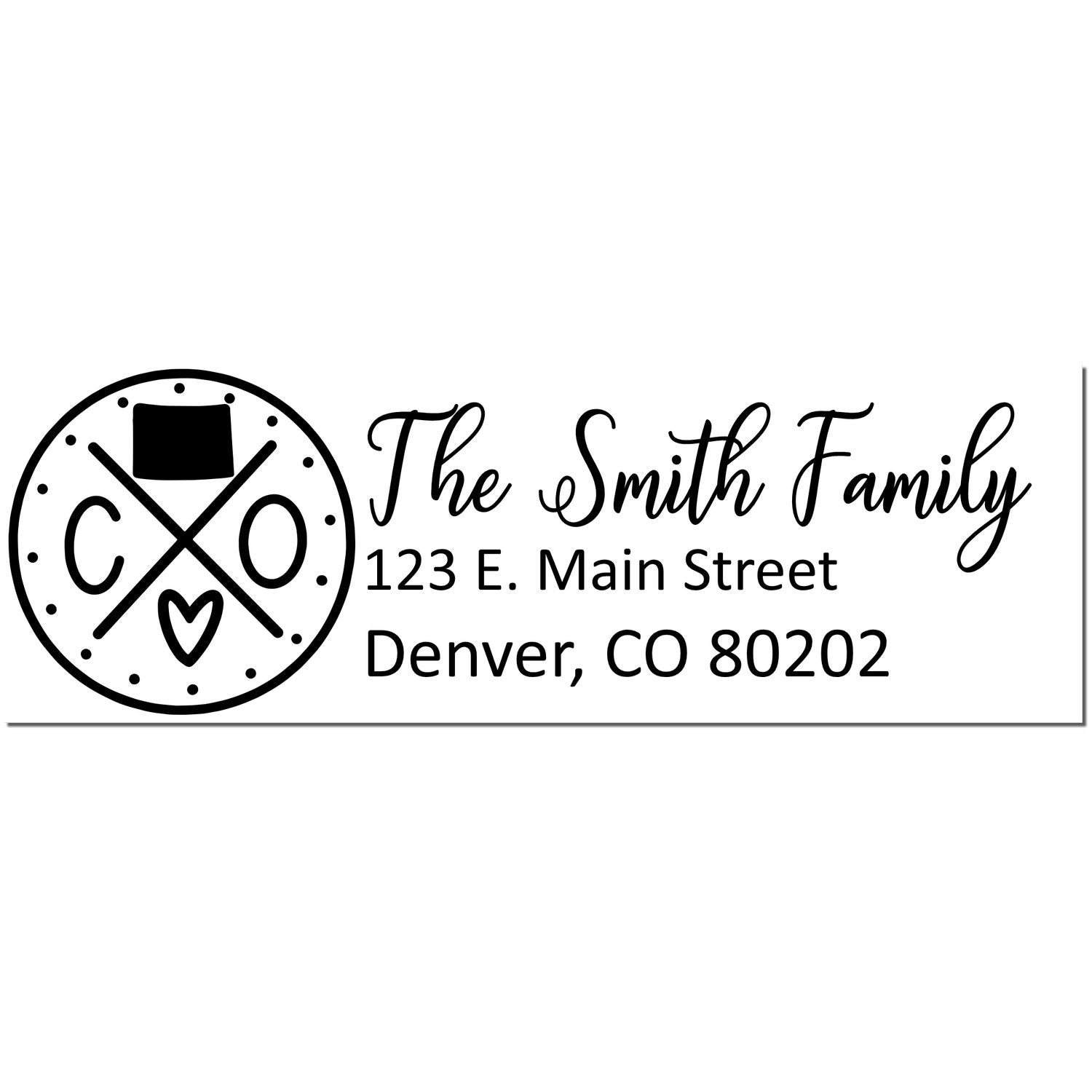 Colorado State Pride Customized Address Stamp featuring a circular design with 'CO' and a heart, alongside personalized text for 'The Smith Family' at 123 E. Main Street, Denver, CO 80202.