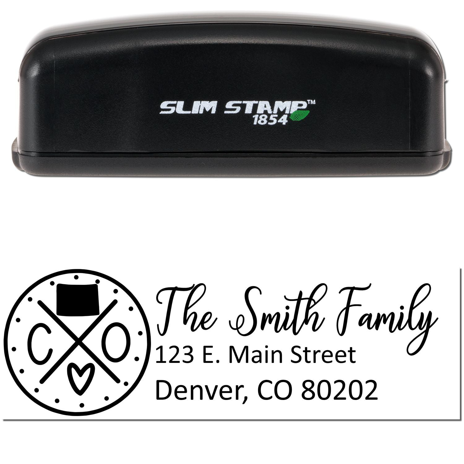 Slim Colorado Customized Pre-Inked Address Stamp in black, featuring a personalized design with The Smith Family and an address in Denver, CO. Compact and efficient for everyday use.