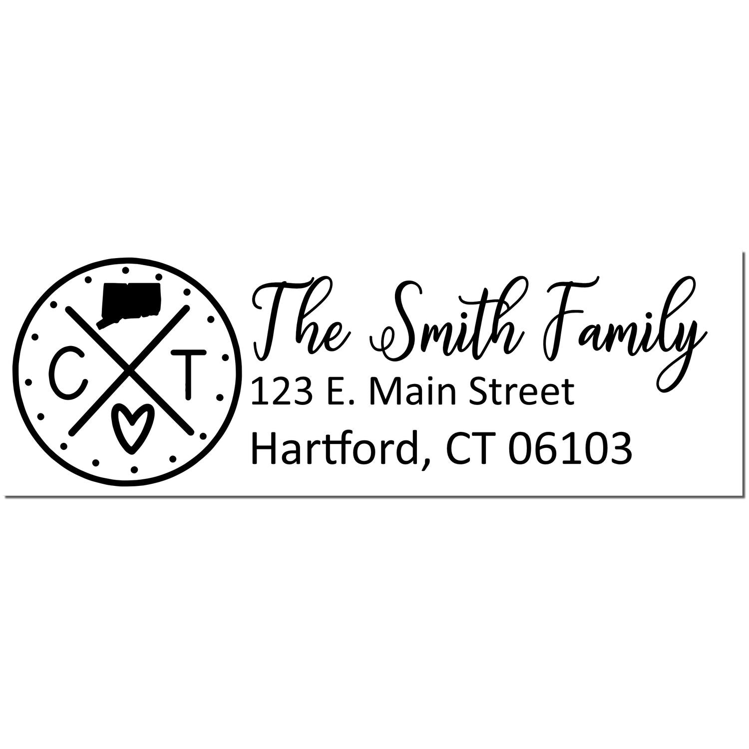 PSI Pre-Inked Connecticut State Pride Customized Address Stamp featuring a circular CT design with a heart, personalized with The Smith Family and an address in Hartford, CT.