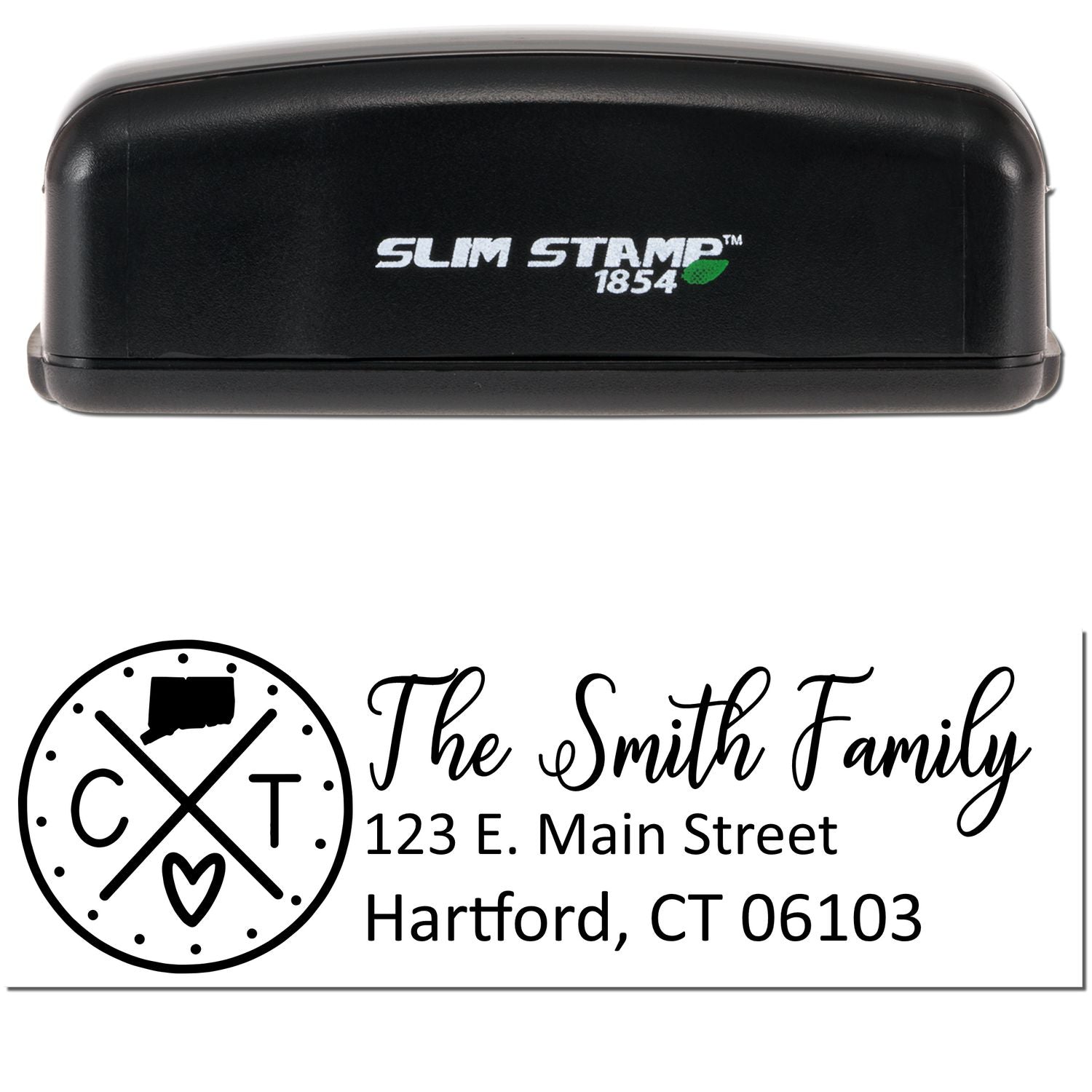 Image of a Slim Connecticut Customized Pre-Inked Address Stamp with a black casing. The stamp imprint shows The Smith Family, 123 E. Main Street, Hartford, CT 06103 with a decorative design.