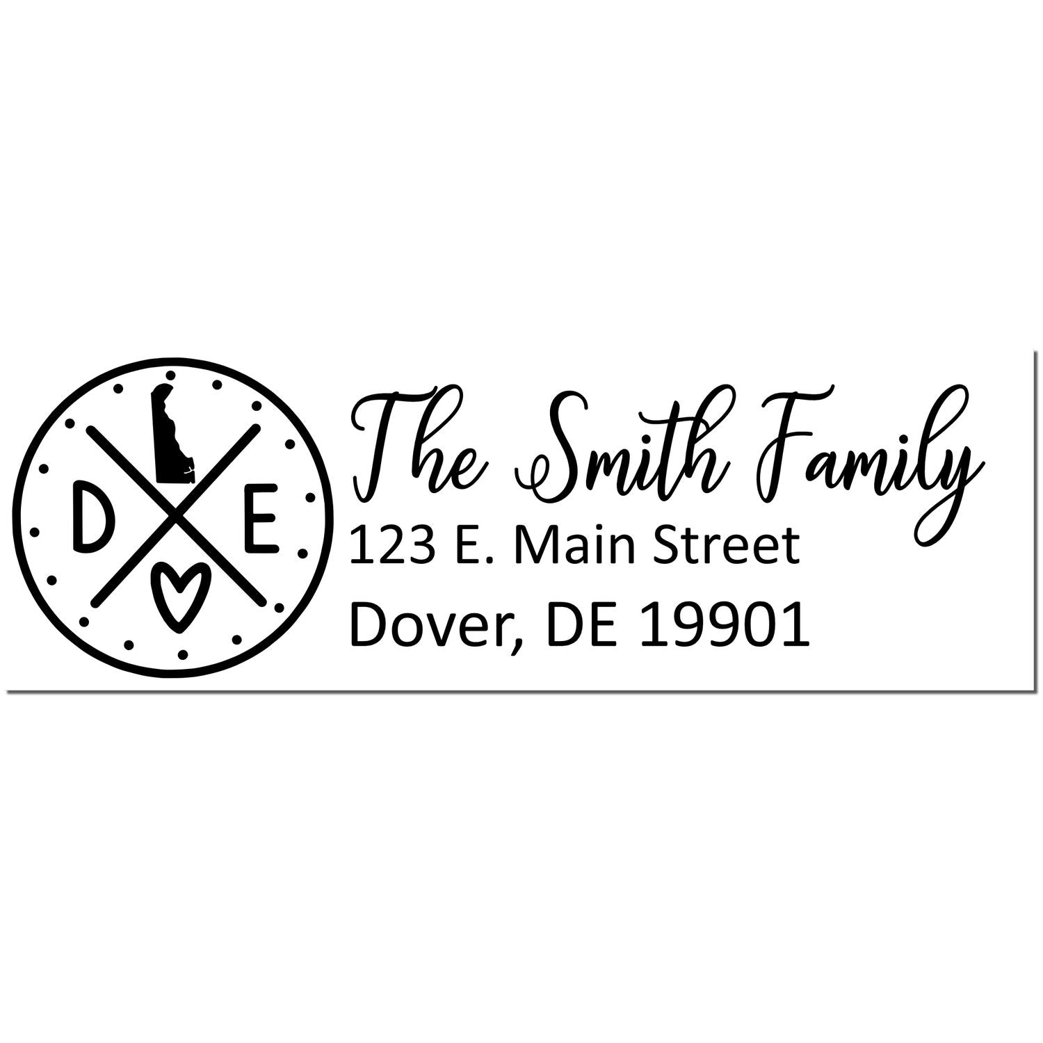 Delaware State Pride Customized Address Stamp featuring a circular design with DE and a heart, personalized with The Smith Family and an address in Dover, DE.