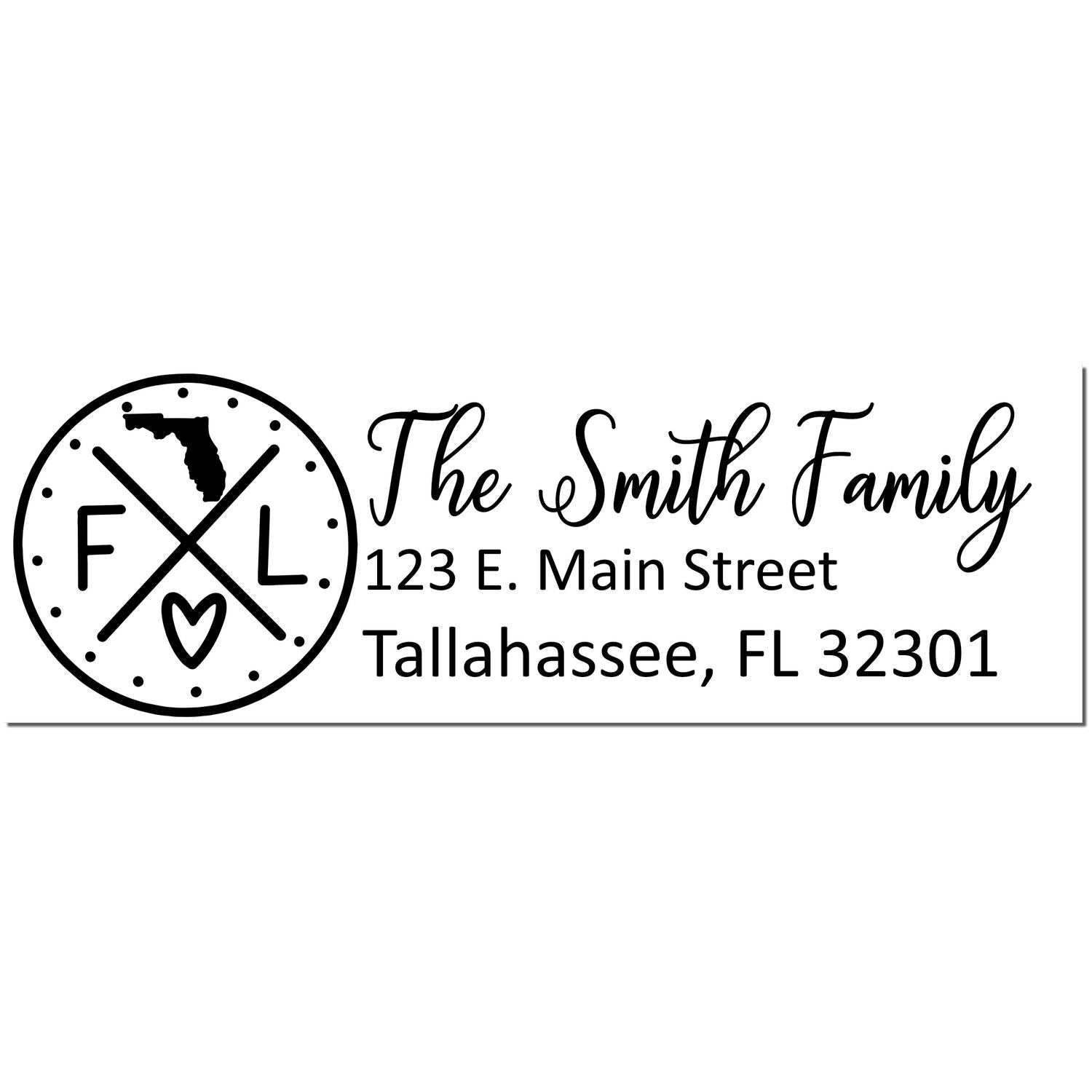 Florida State Pride Customized Address Stamp featuring a circular design with FL and a heart, personalized with The Smith Family and address in Tallahassee, FL.