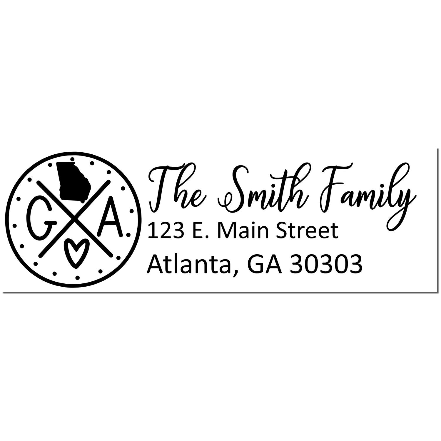 Self-Inking State Love of Georgia Custom Address Stamp featuring a circular design with GA and a heart, personalized with The Smith Family, 123 E. Main Street, Atlanta, GA 30303 in elegant script.