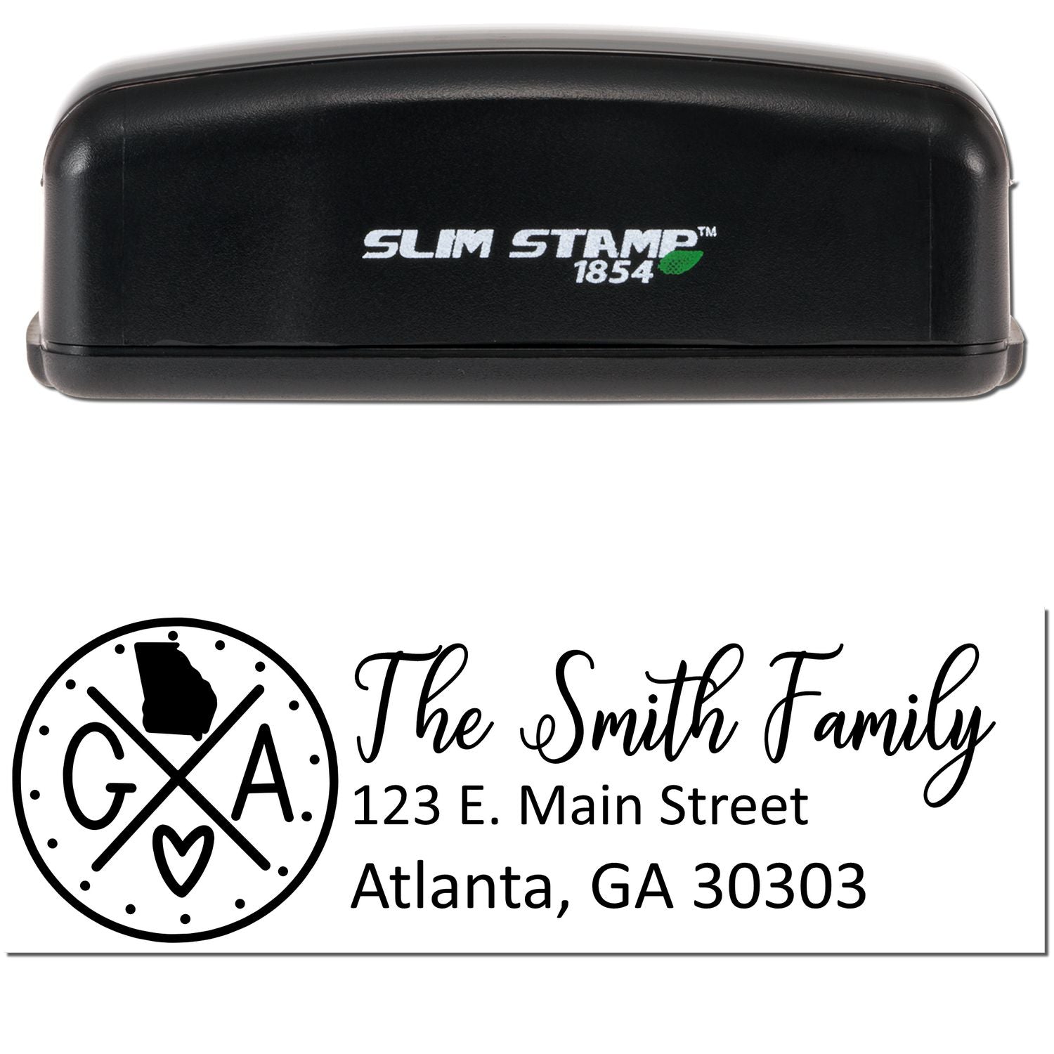 Image of the Slim Georgia Customized Pre-Inked Address Stamp, featuring a sleek black design with personalized address details for The Smith Family in Atlanta, GA.