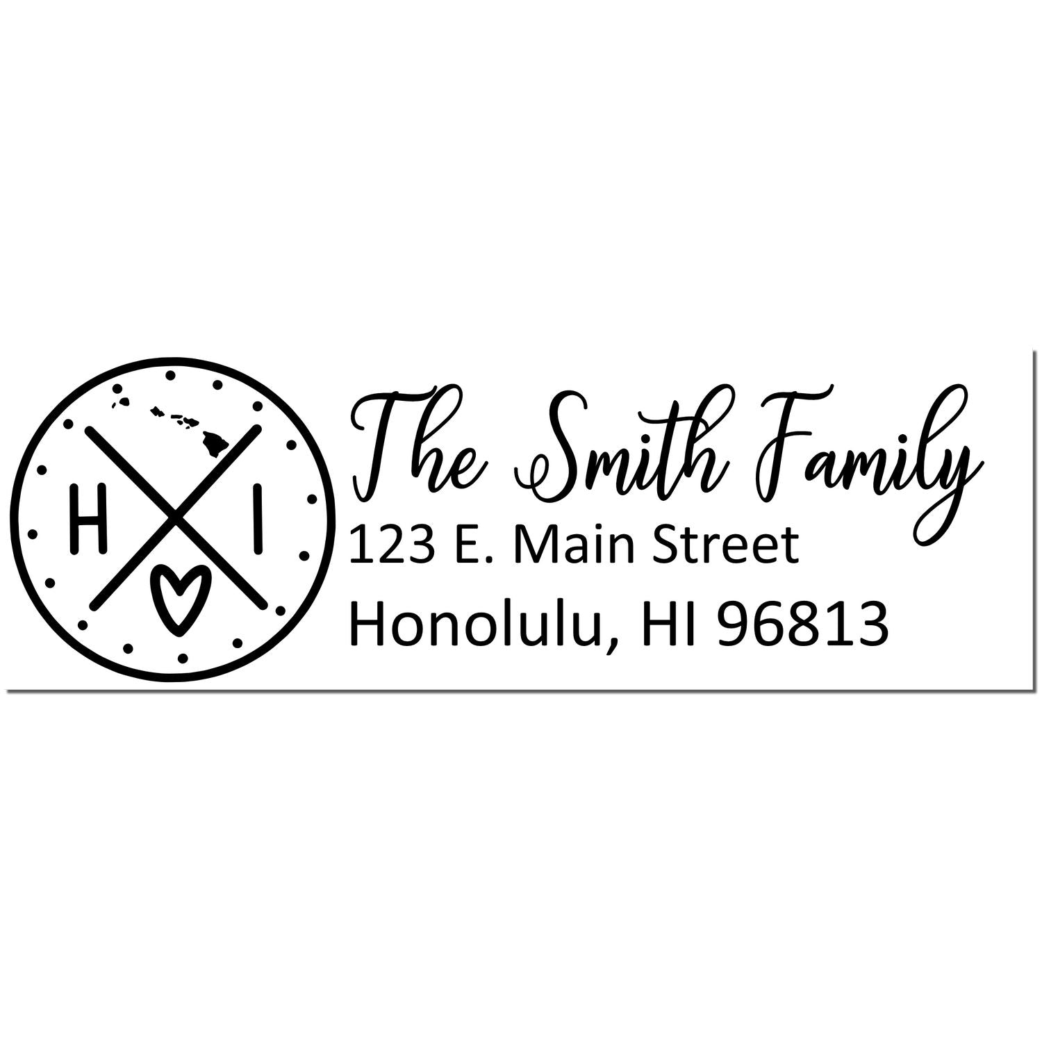 Slim Hawaii Customized Pre-Inked Address Stamp featuring a circular design with HI and a heart, alongside personalized text for The Smith Family at 123 E. Main Street, Honolulu, HI 96813.