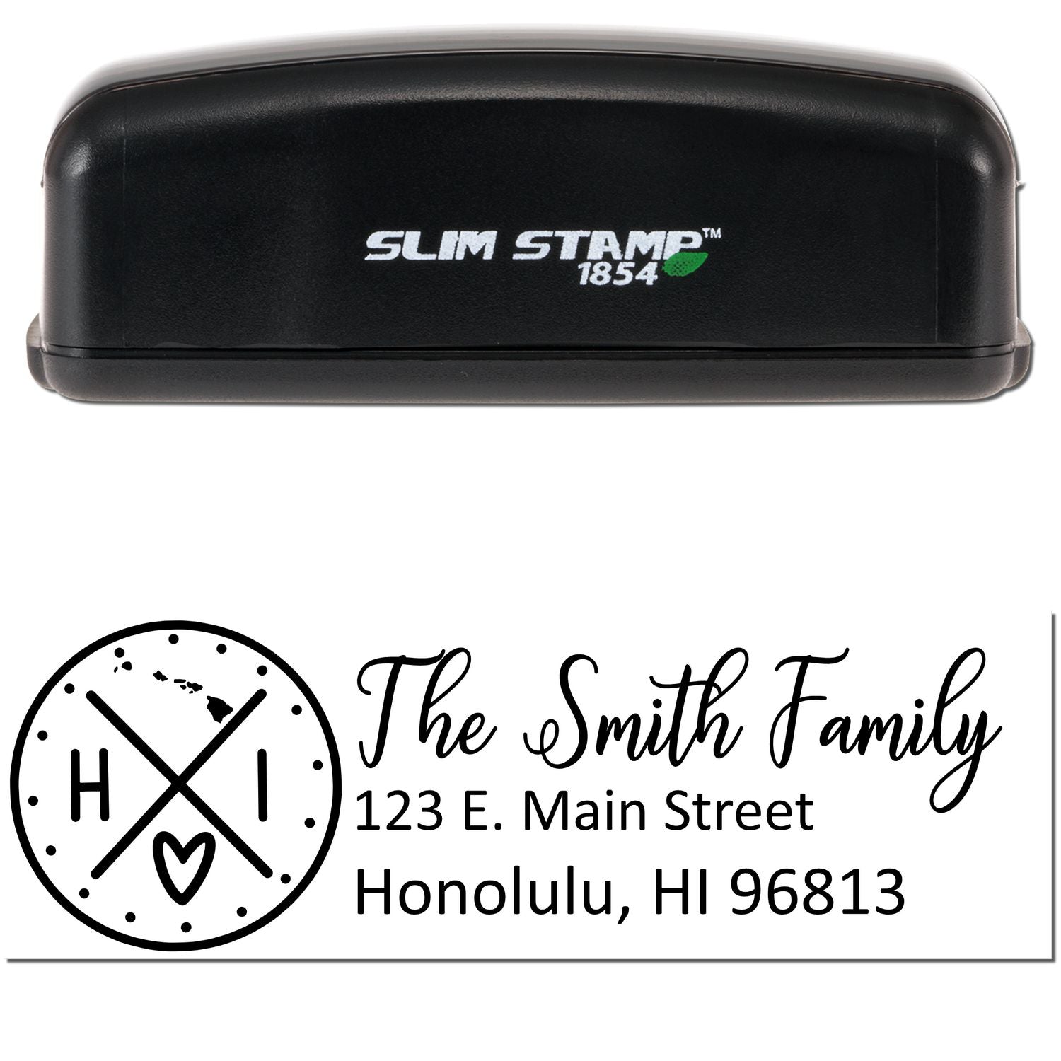 Image of a black Slim Hawaii Customized Pre-Inked Address Stamp with a sample address: The Smith Family, 123 E. Main Street, Honolulu, HI 96813 and a Hawaii-themed design.