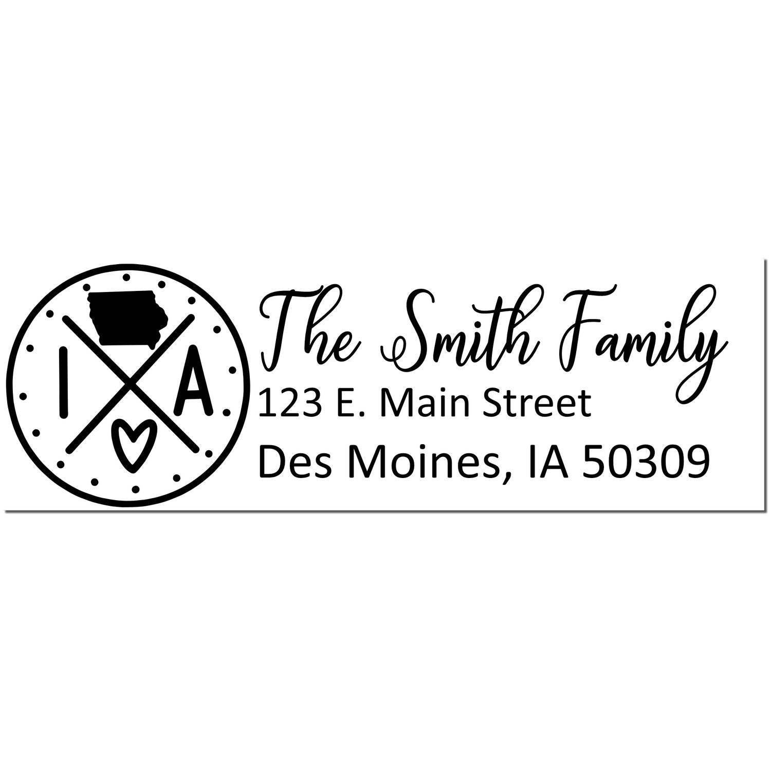 Iowa State Pride Customized Address Stamp featuring a circular design with IA and a heart, alongside personalized text for The Smith Family at 123 E. Main Street, Des Moines, IA 50309 .