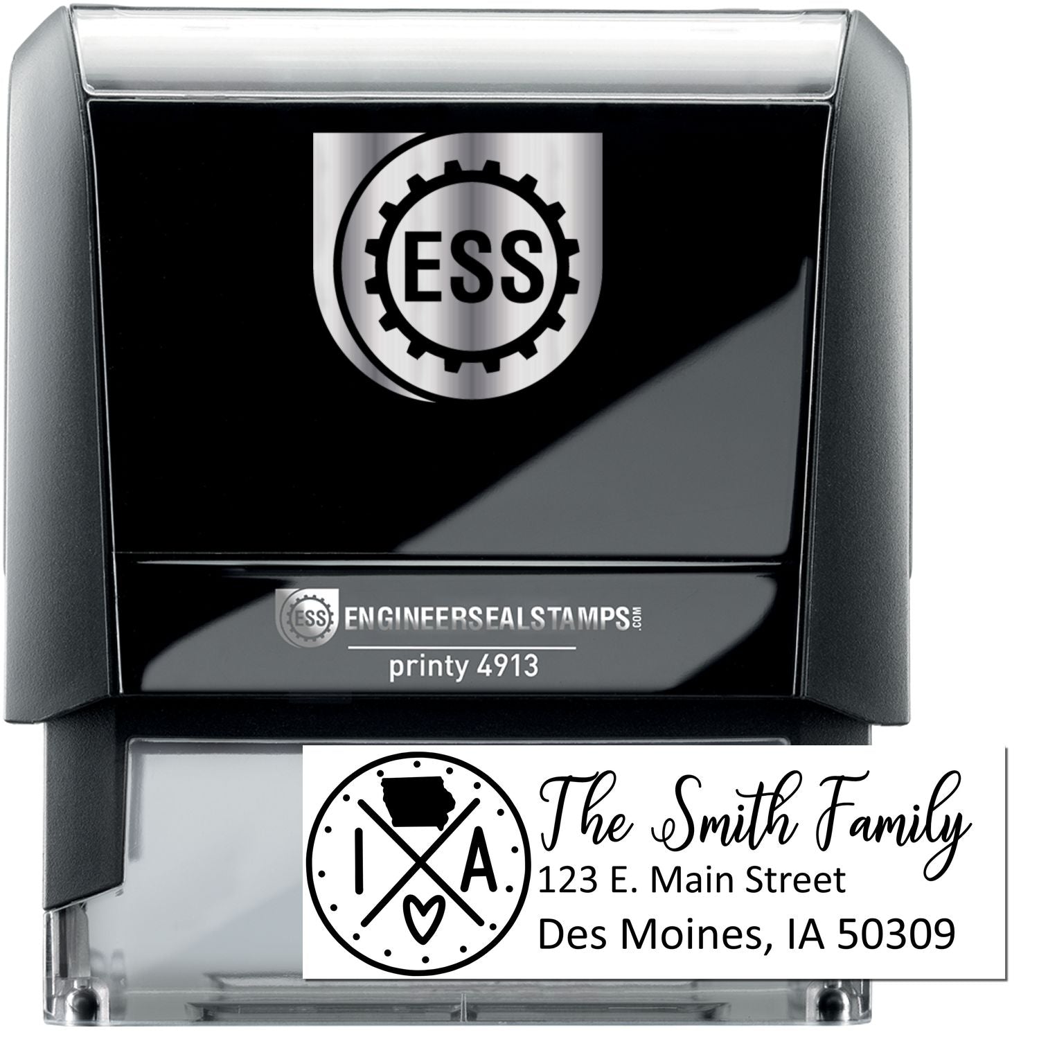 Self-Inking State Love of Iowa Custom Address Stamp featuring a black casing with ESS logo, personalized with The Smith Family and an Iowa state design. Ideal for adding a personal touch to mail.