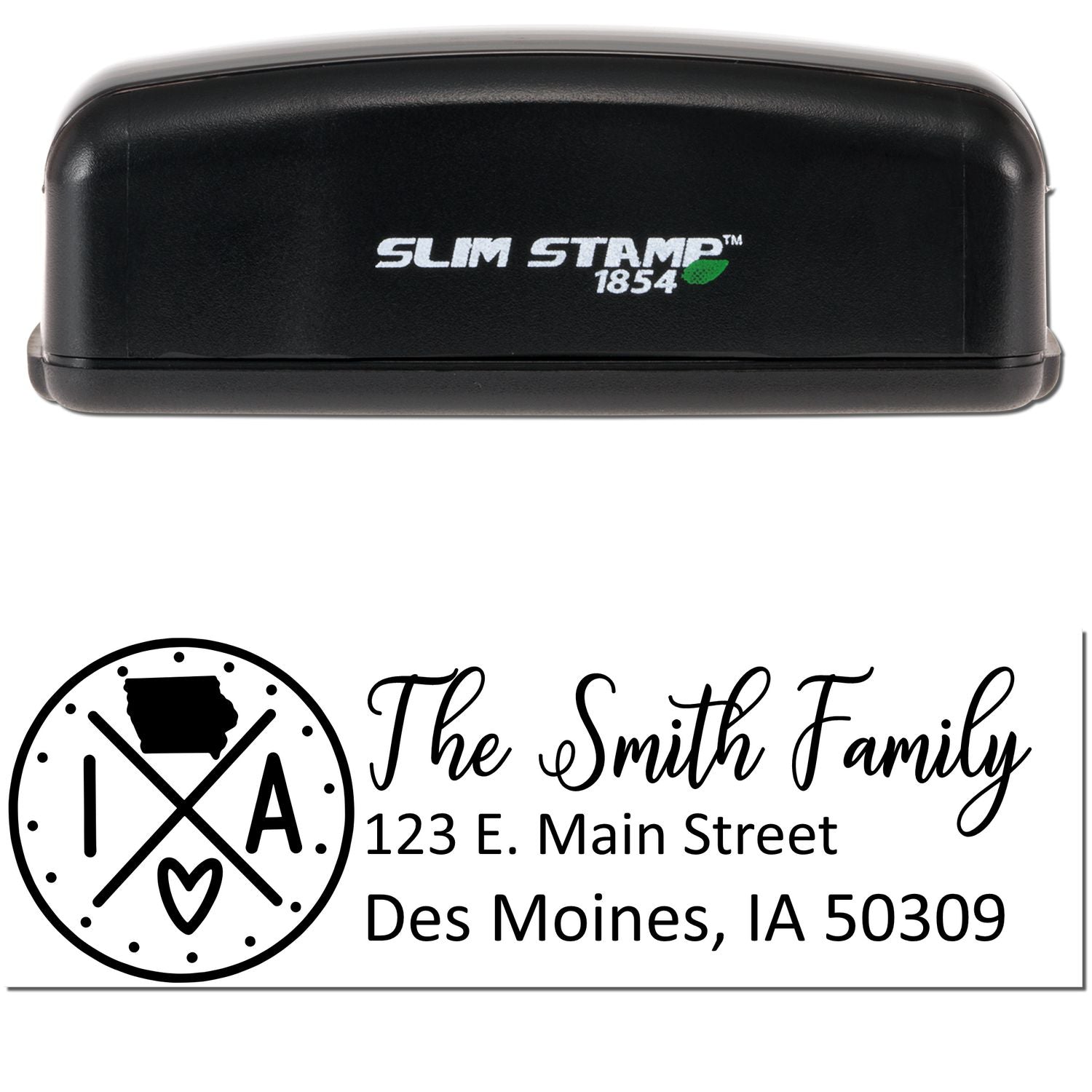 Image of a Slim Iowa Customized Pre-Inked Address Stamp with a black casing. Below, a sample imprint shows The Smith Family, 123 E. Main Street, Des Moines, IA 50309 with a decorative Iowa logo.