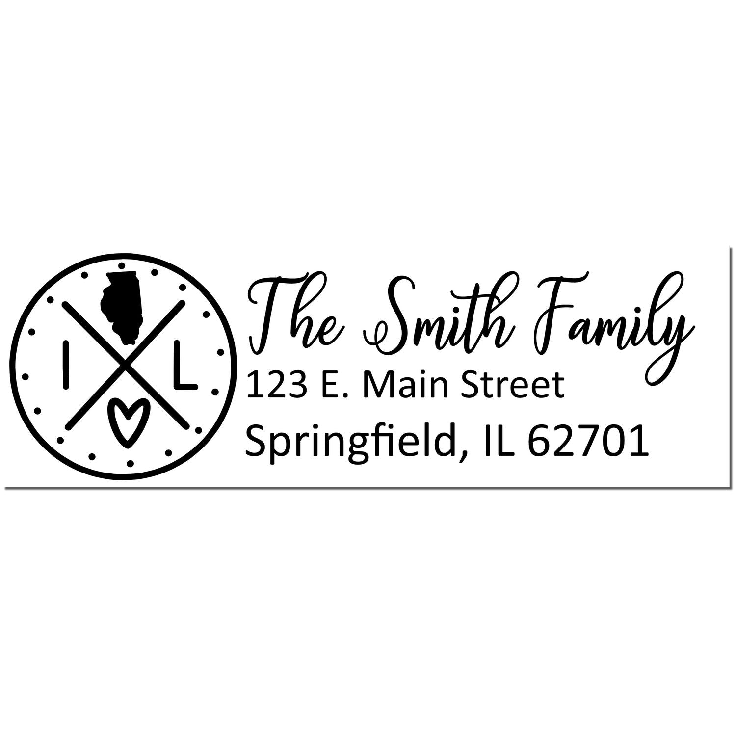 Slim Illinois Customized Pre-Inked Address Stamp featuring a circular Illinois design with I and L initials, heart, and personalized address for the Smith Family, Springfield, IL 62701.