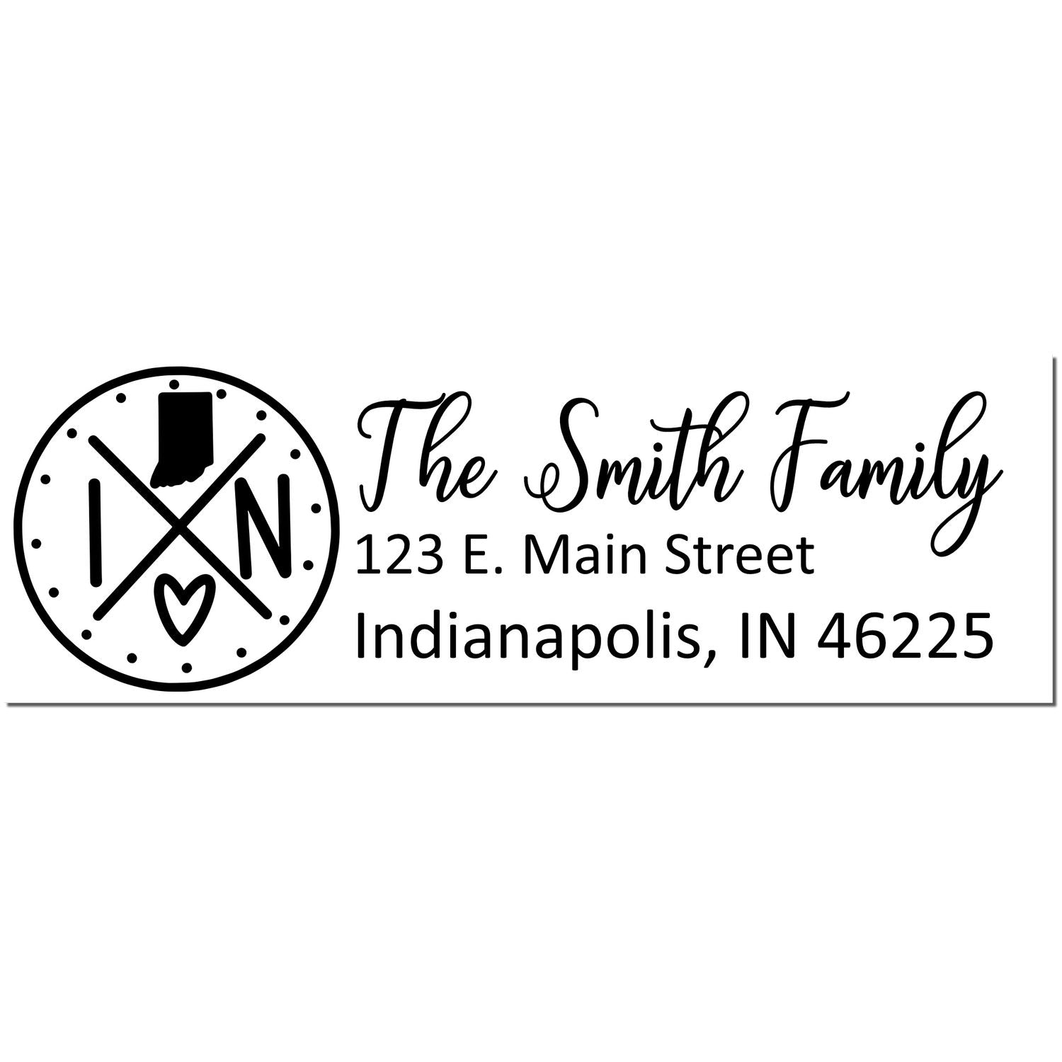 Indiana State Pride Customized Address Stamp featuring a circular design with IN and a heart, alongside personalized text for The Smith Family at 123 E. Main Street, Indianapolis, IN 46225.