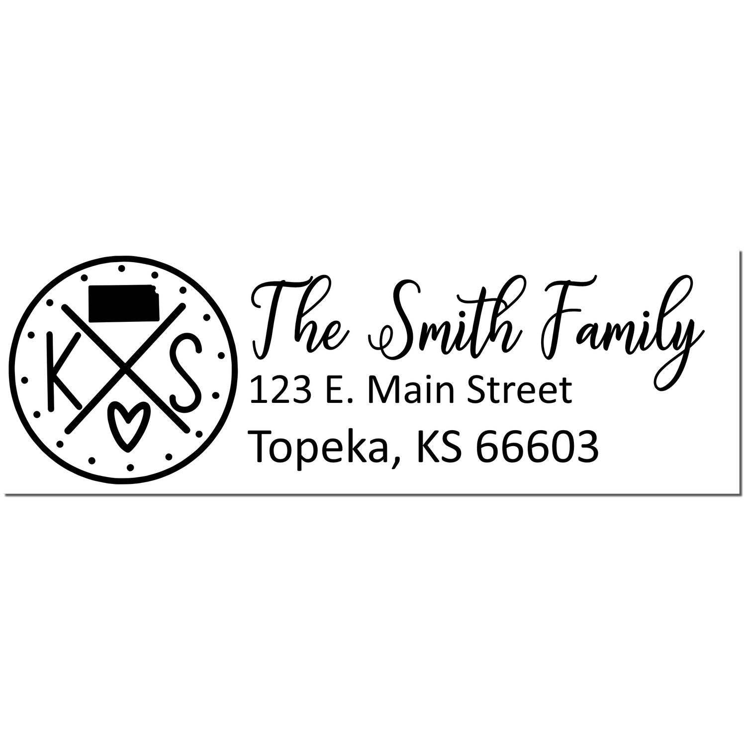 Slim Kansas Customized Pre-Inked Address Stamp with The Smith Family design, featuring a circular KS logo and address: 123 E. Main Street, Topeka, KS 66603, in elegant black font.