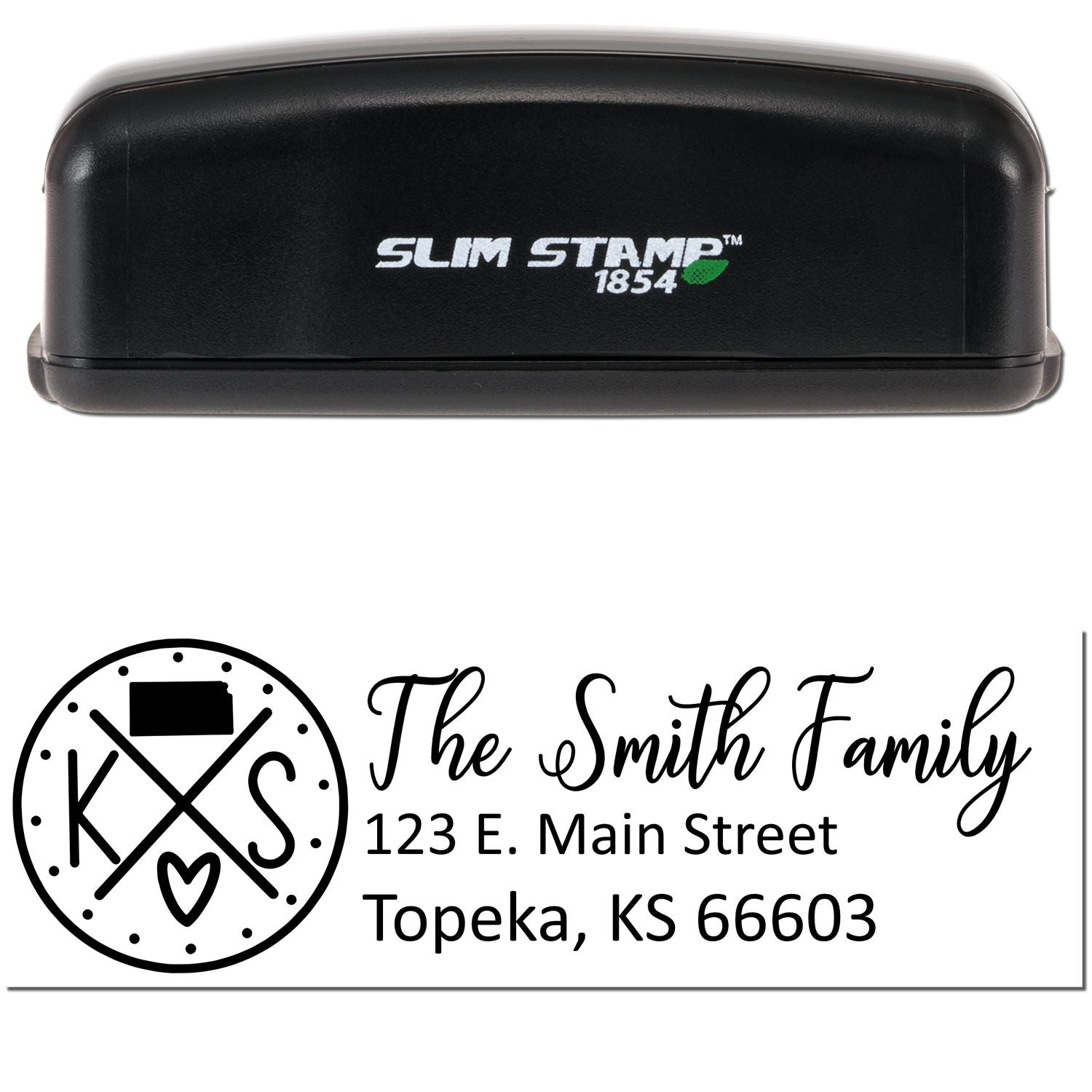 Slim Kansas Customized Pre-Inked Address Stamp in black, featuring The Smith Family with an address in Topeka, KS. Compact design with a sleek, durable casing for efficient stamping.