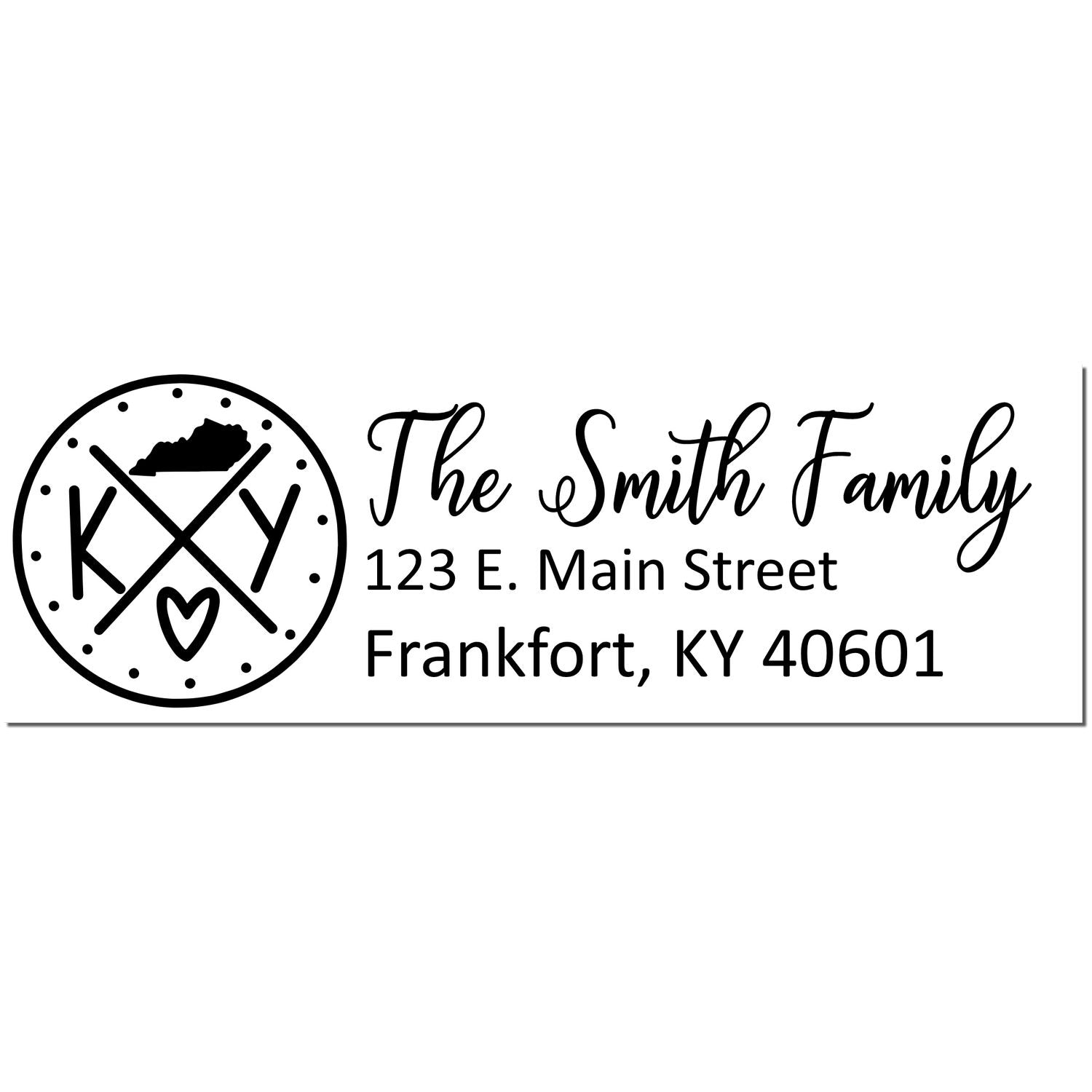 Kentucky State Pride Customized Address Stamp featuring The Smith Family with a KY logo and heart, displaying an address in Frankfort, KY.