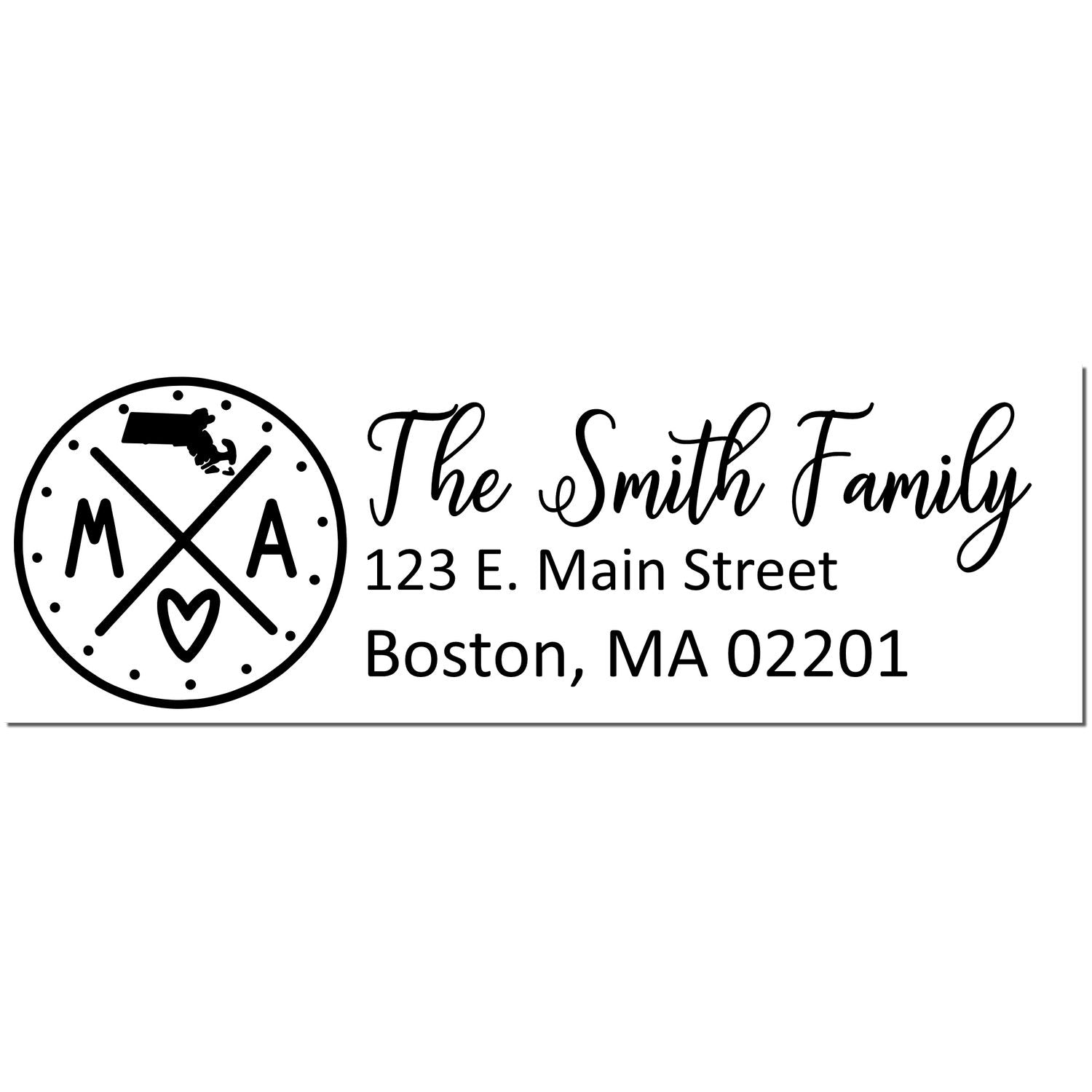 Massachusetts State Pride Customized Address Stamp featuring a circular design with MA and a heart, alongside personalized text for The Smith Family at 123 E. Main Street, Boston, MA 02201.