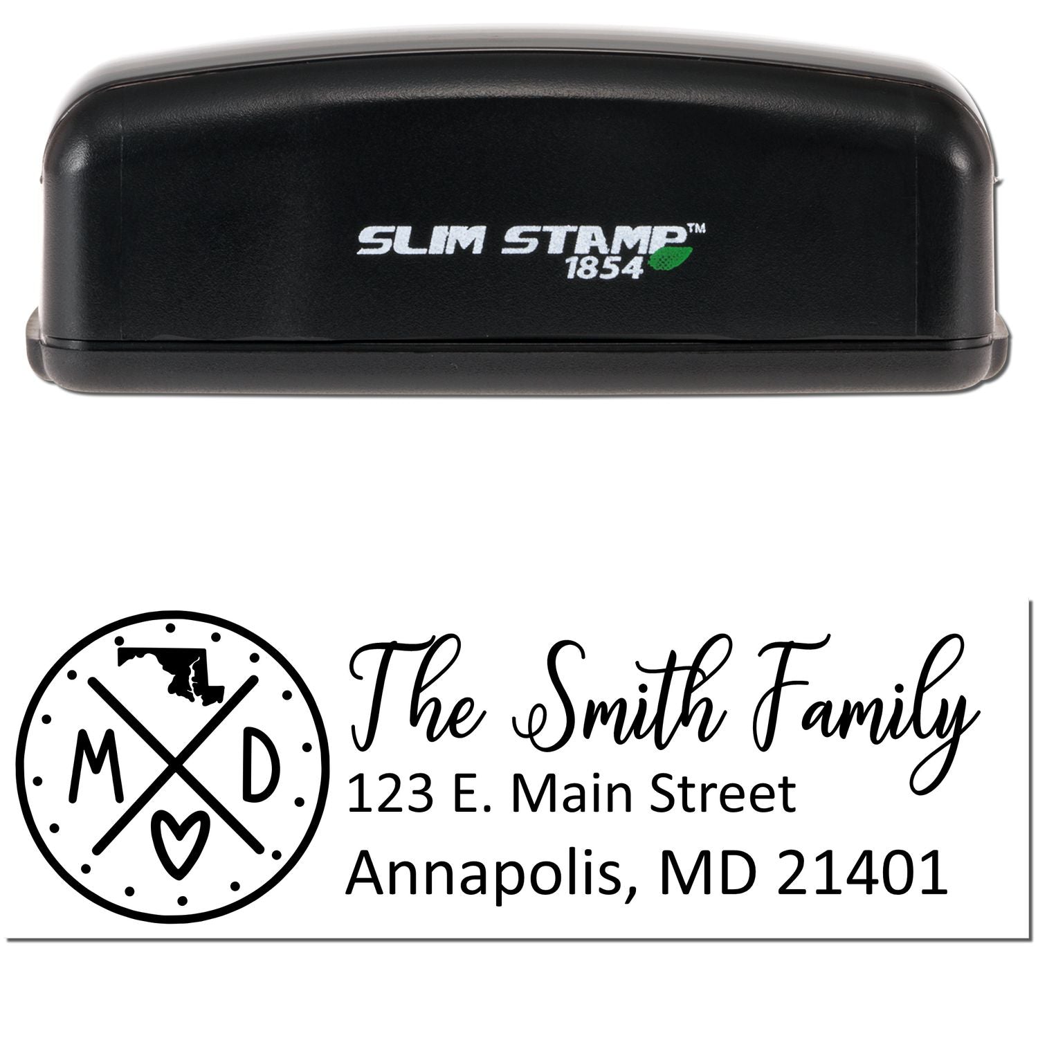 Slim Maryland Customized Pre-Inked Address Stamp in black, featuring a personalized design with The Smith Family and an address in Annapolis, MD. Compact and efficient for everyday use.