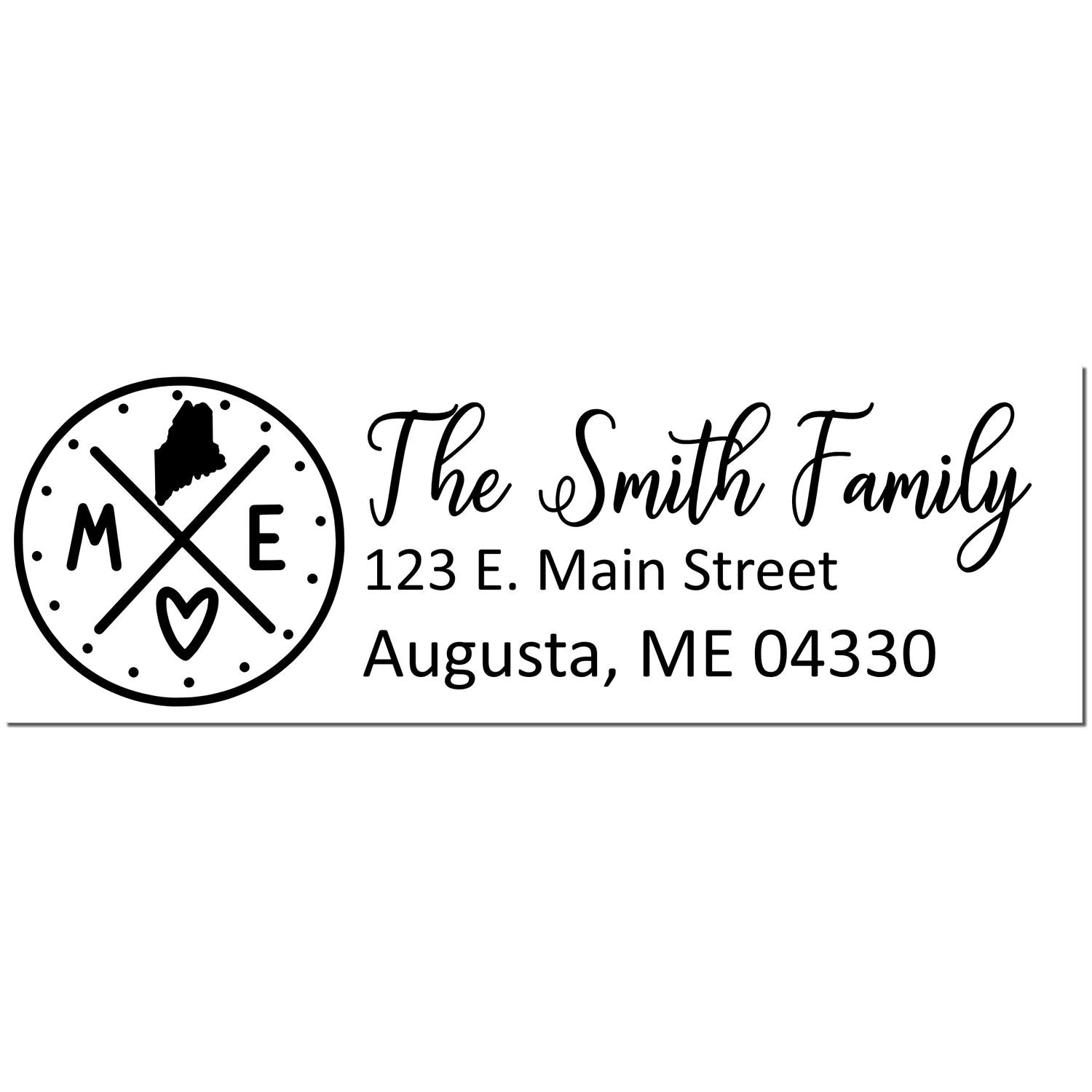 Self-Inking State Love of Maine Custom Address Stamp featuring a circular design with ME and a heart, personalized with The Smith Family, 123 E. Main Street, Augusta, ME 04330 in elegant font.