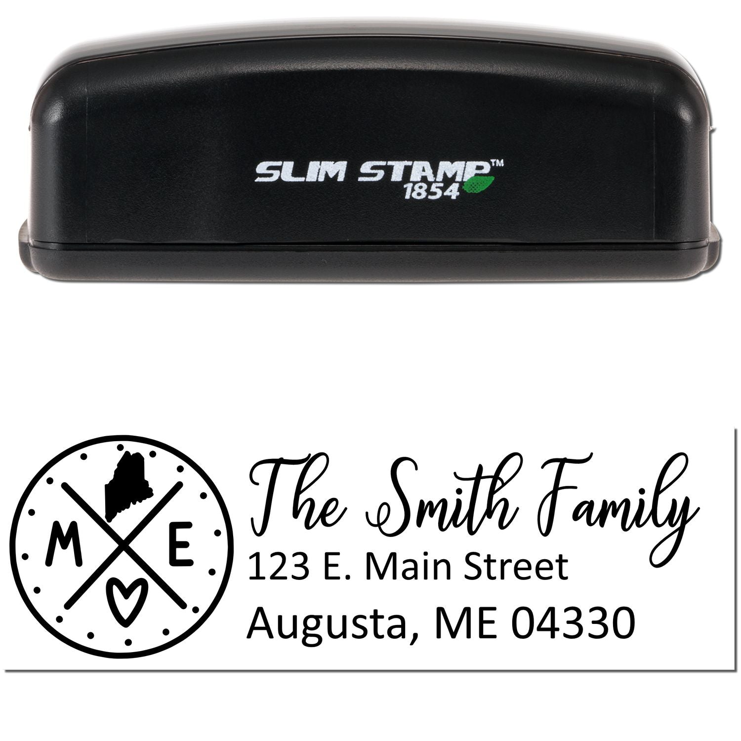 Slim Maine Customized Pre-Inked Address Stamp with The Smith Family design, featuring a Maine state outline and heart. Includes address: 123 E. Main Street, Augusta, ME 04330. Black casing.