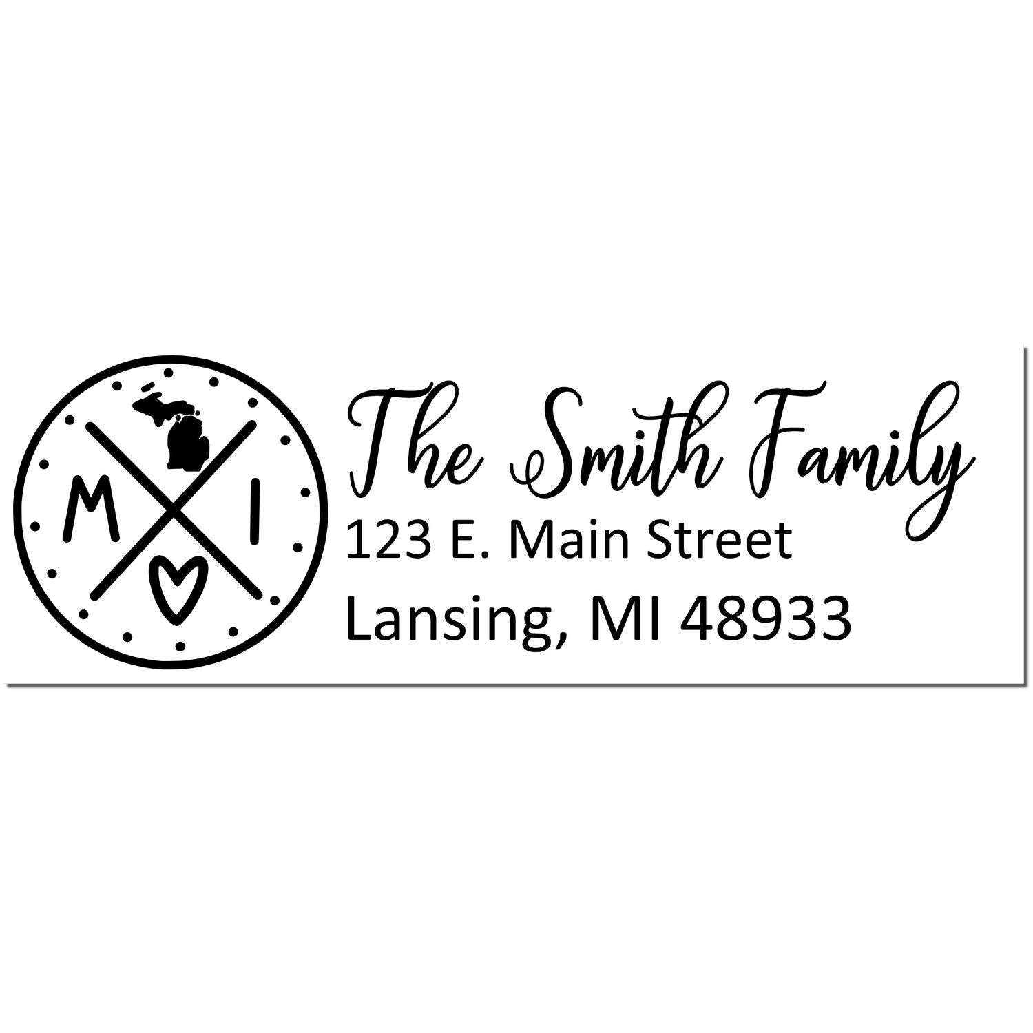 PSI Pre-Inked Michigan State Pride Customized Address Stamp featuring a circular design with MI and a heart, alongside personalized text for The Smith Family, 123 E. Main Street, Lansing, MI 48933 .