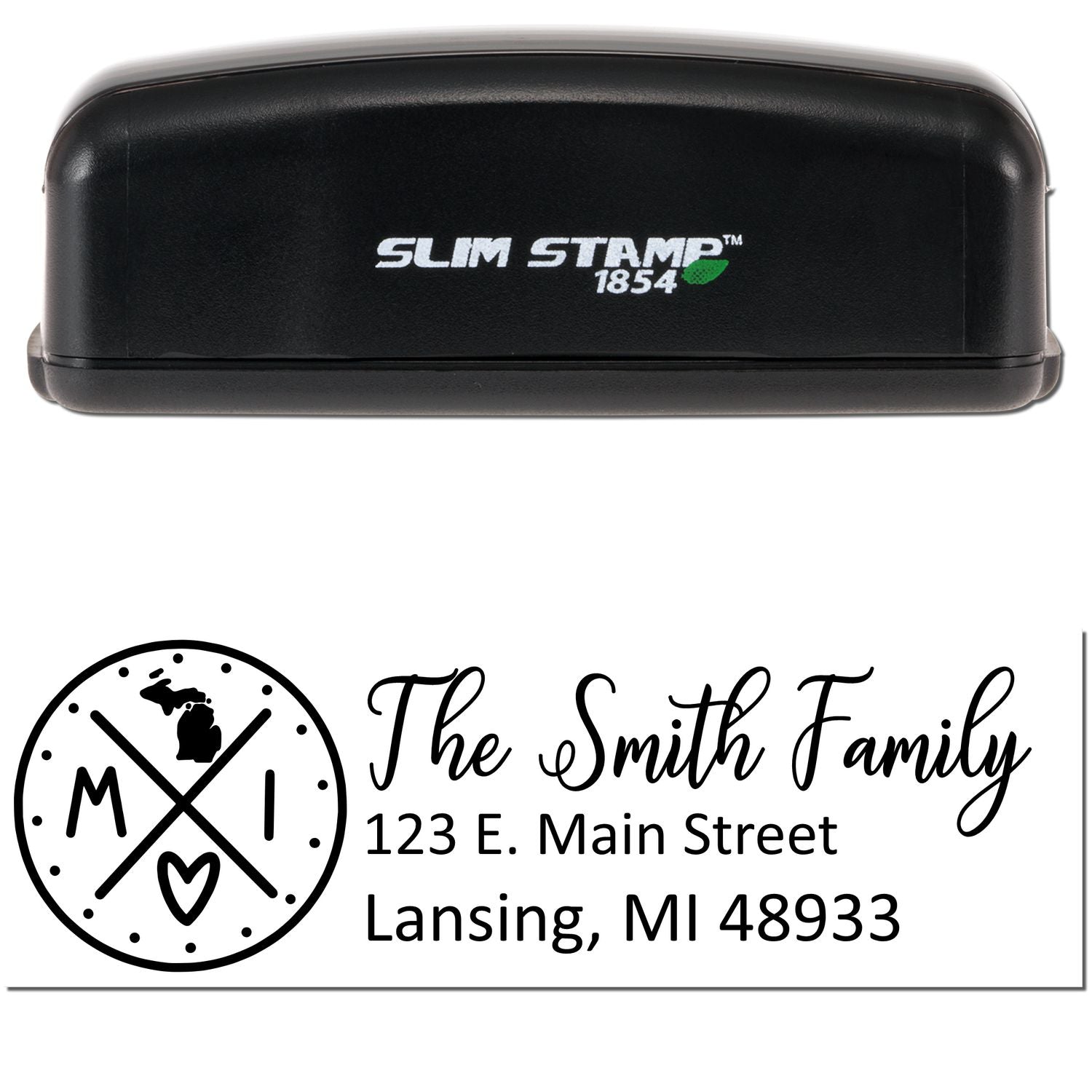 Slim Michigan Customized Pre-Inked Address Stamp with black casing, featuring a personalized address design for The Smith Family in Lansing, MI. Compact and efficient for everyday use.