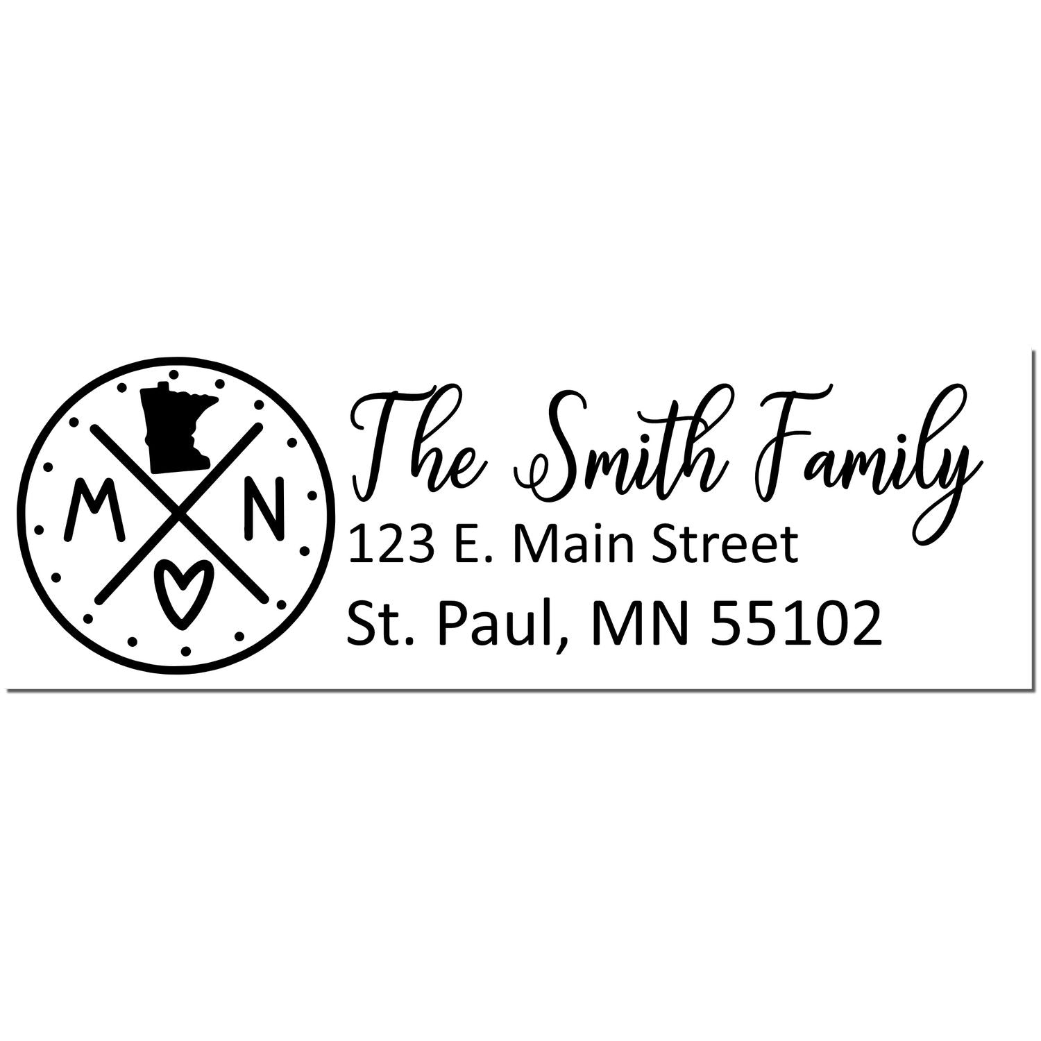 Minnesota State Pride Customized Address Stamp featuring a circular design with MN and a heart, alongside personalized text for The Smith Family at 123 E. Main Street, St. Paul, MN 55102.