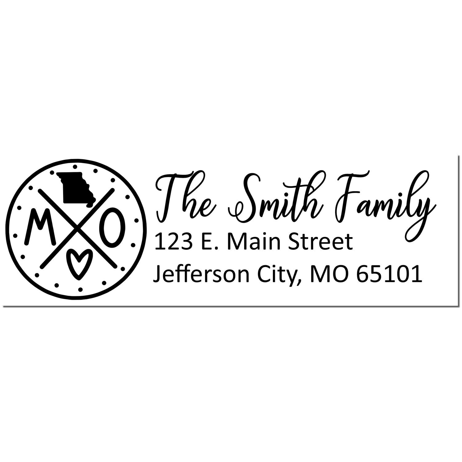 Missouri State Pride Customized Address Stamp featuring 'The Smith Family' with a Missouri map, heart, and address: 123 E. Main Street, Jefferson City, MO 65101 in elegant script.