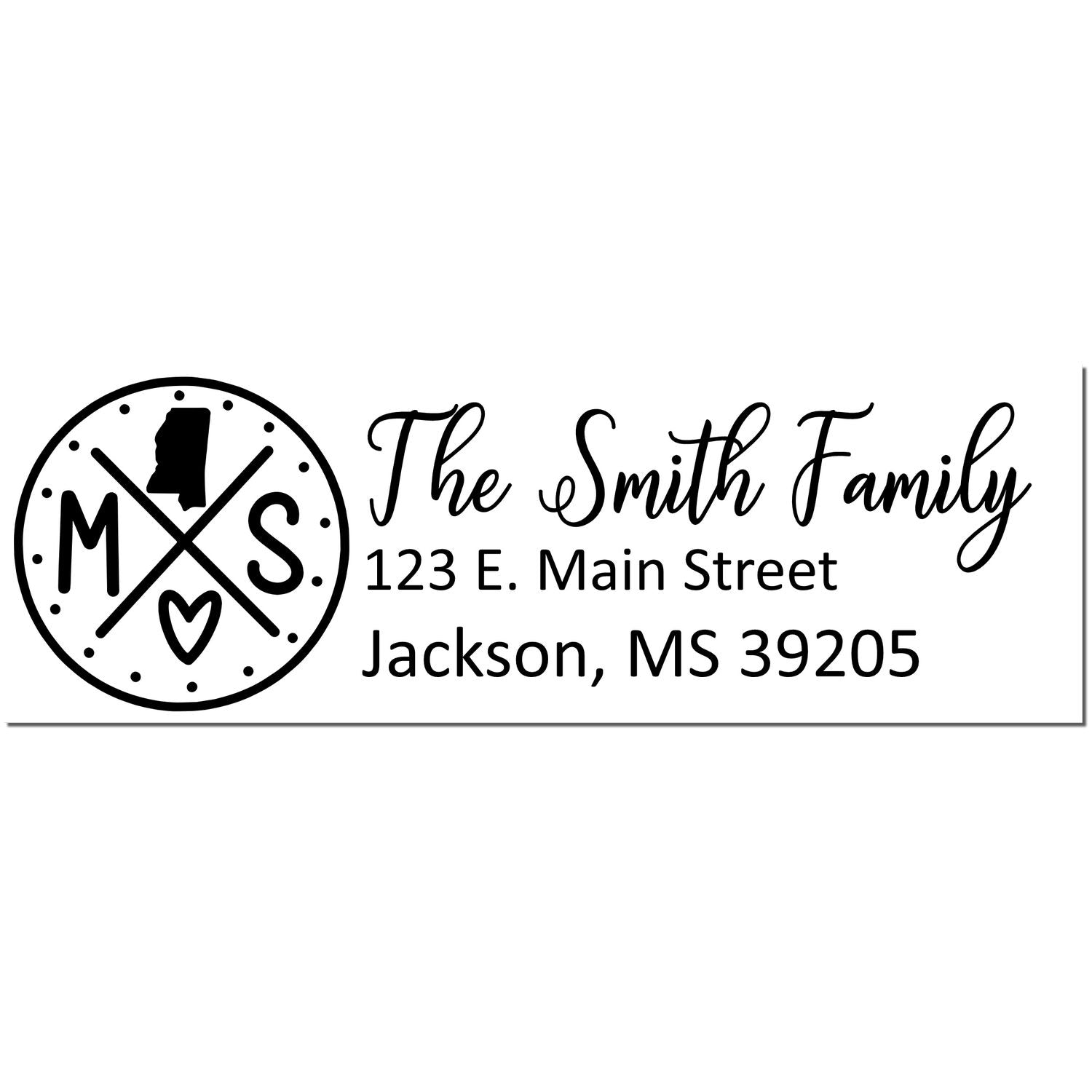 Self-Inking State Love of Mississippi Custom Address Stamp featuring MS with a heart and state outline, personalized with The Smith Family, 123 E. Main Street, Jackson, MS 39205 in elegant font.