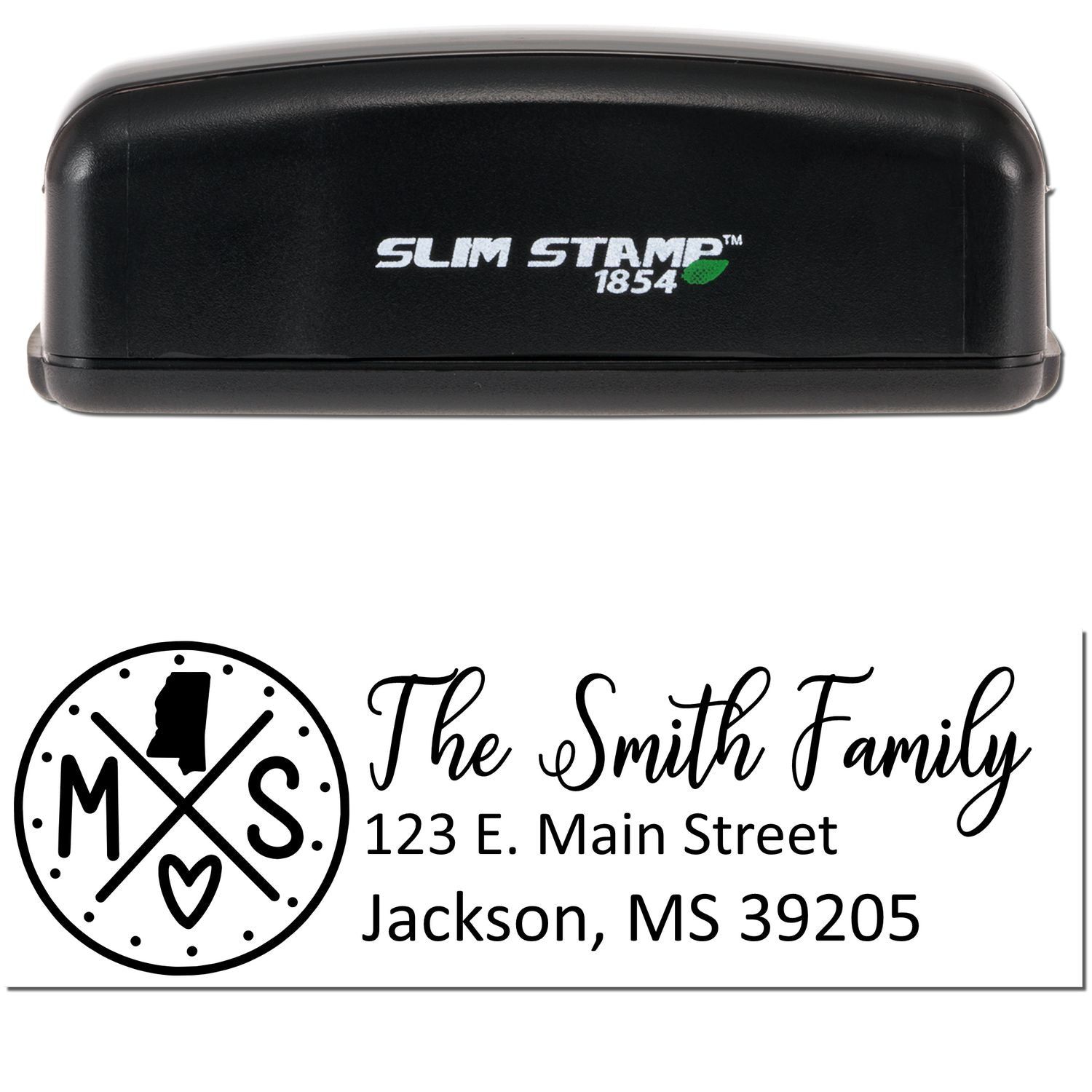 Slim Mississippi Customized Pre-Inked Address Stamp in black, featuring personalized text for The Smith Family with an address in Jackson, MS. Compact design with a sleek, modern look.