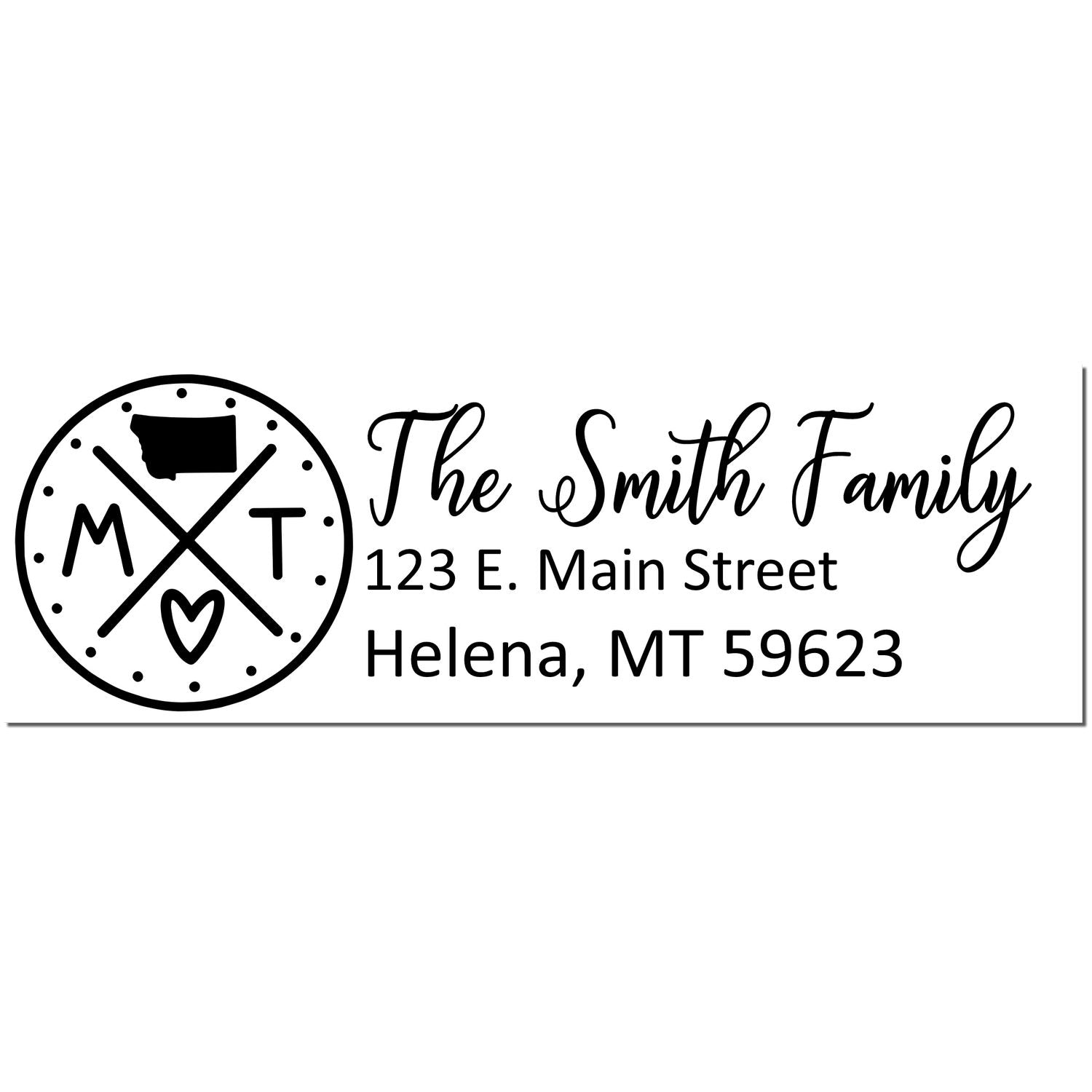 Self-Inking State Love of Montana Custom Address Stamp featuring a circular design with MT and a heart, alongside personalized address text for the Smith Family in Helena, MT.