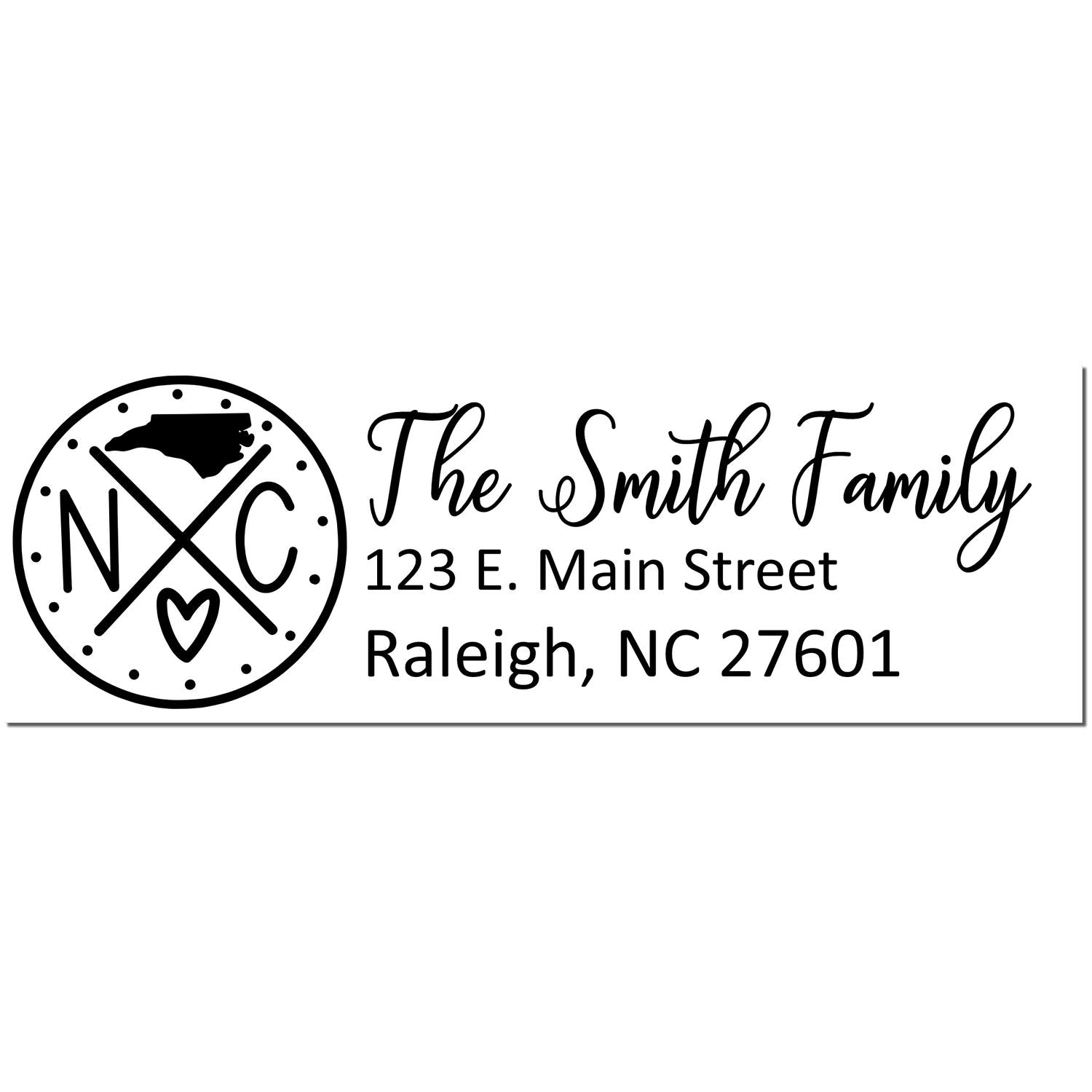 PSI Pre-Inked North Carolina State Pride Customized Address Stamp featuring a circular NC design with a heart, personalized with The Smith Family and an address in Raleigh, NC.