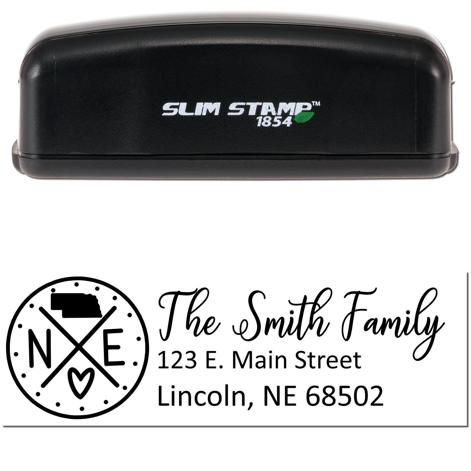 Slim Nebraska Customized Pre-Inked Address Stamp in black, featuring a personalized address design with a Nebraska state icon and family name. Ideal for efficient and stylish mail labeling.