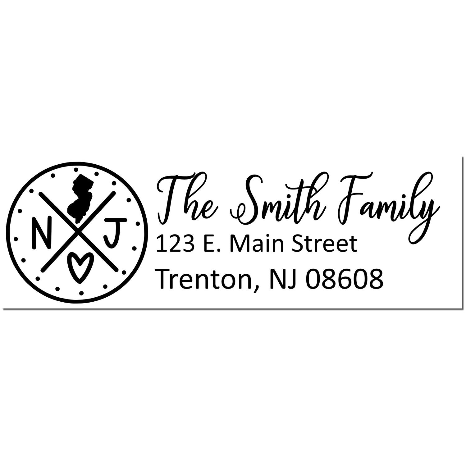 PSI Pre-Inked New Jersey State Pride Customized Address Stamp featuring a circular NJ design with a heart, personalized with The Smith Family and address in elegant script.