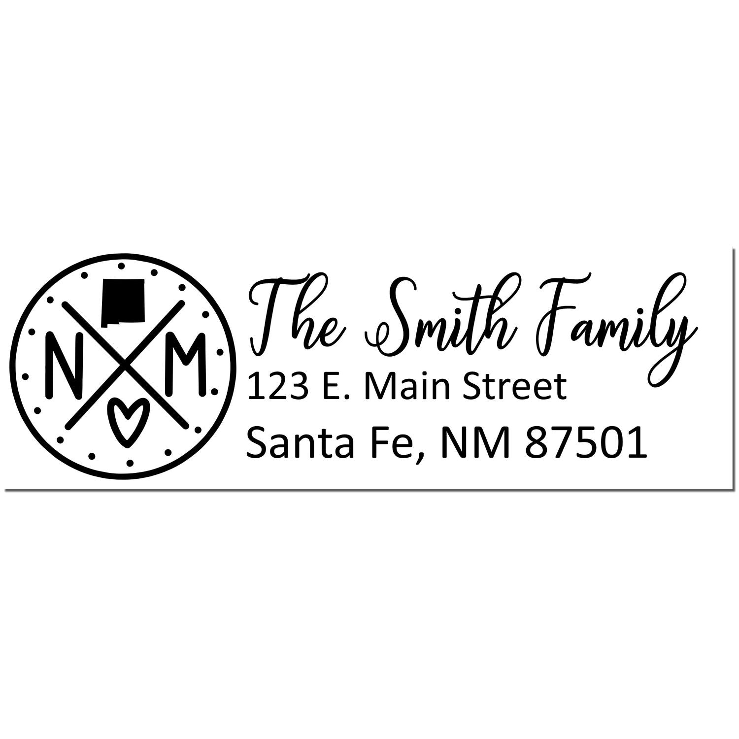 New Mexico State Pride Customized Address Stamp featuring a circular NM design with a heart, personalized with The Smith Family, address, and city in elegant script.