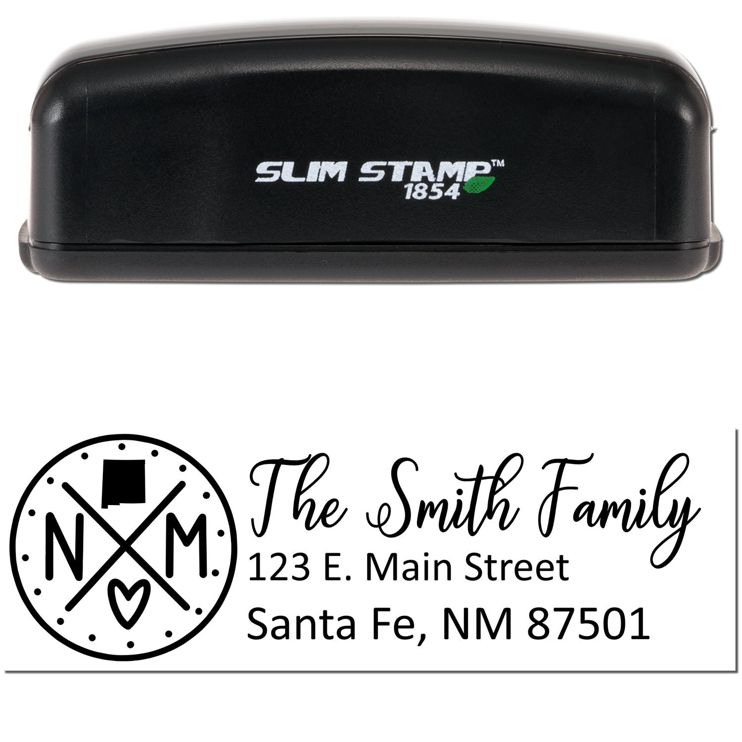 Slim New Mexico Customized Pre-Inked Address Stamp with a sleek black design, featuring personalized text for The Smith Family and an NM logo. Ideal for efficient, stylish mailing.