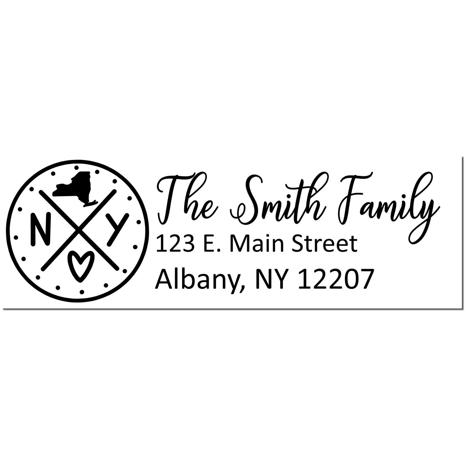 New York State Pride Customized Address Stamp featuring a circular design with NY and a heart, alongside personalized text: The Smith Family, 123 E. Main Street, Albany, NY 12207.