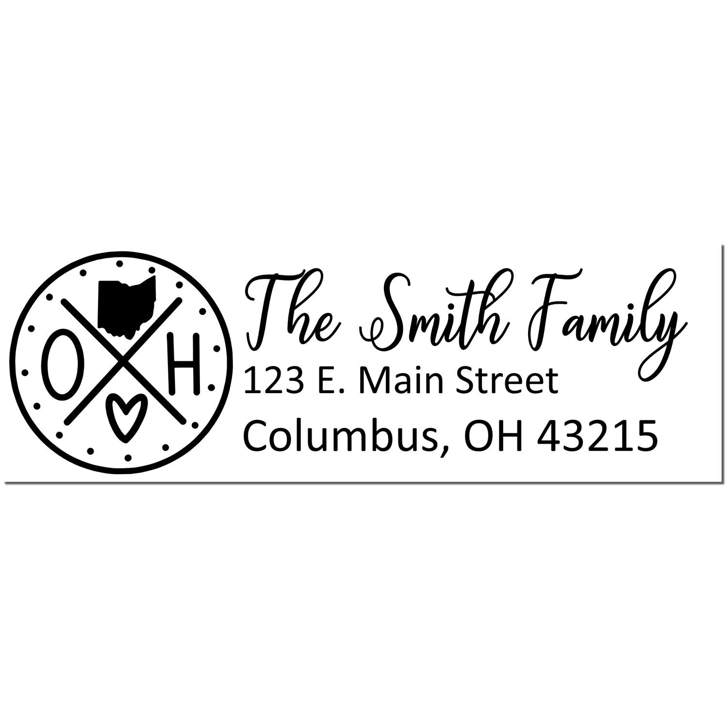 Ohio State Pride Customized Address Stamp featuring The Smith Family with an Ohio map, heart, and address: 123 E. Main Street, Columbus, OH 43215. Stylish and personalized design.