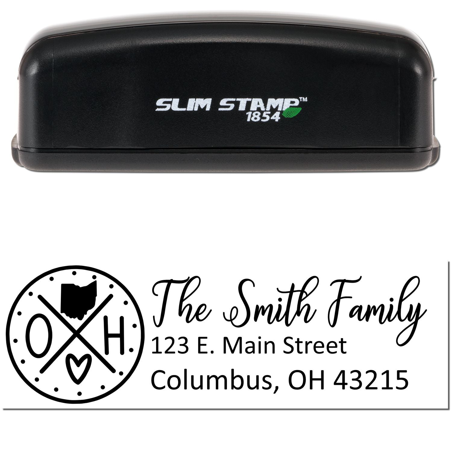 Slim Ohio Customized Pre-Inked Address Stamp with a sleek black design, featuring personalized address details for The Smith Family in Columbus, OH. Perfect for efficient and stylish mailing.