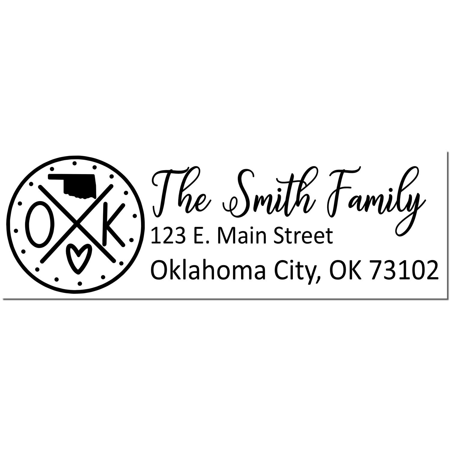 Slim Oklahoma Customized Pre-Inked Address Stamp featuring a circular OK design with a heart, personalized with The Smith Family and an Oklahoma City address in elegant black font.