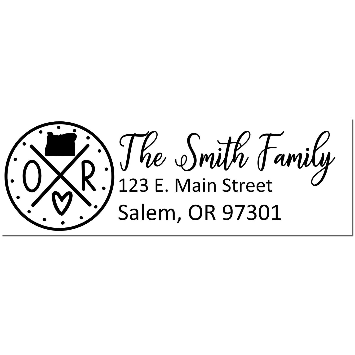 Slim Oregon Customized Pre-Inked Address Stamp featuring a circular Oregon design with OR and a heart, personalized with The Smith Family, 123 E. Main Street, Salem, OR 97301 in elegant script.