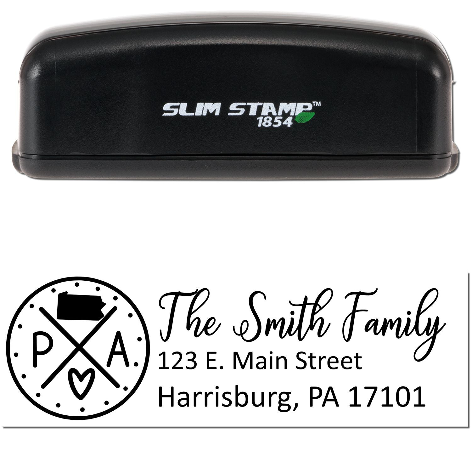 Image of a Slim Pennsylvania Customized Pre-Inked Address Stamp with a black casing. The stamp imprint shows The Smith Family, 123 E. Main Street, Harrisburg, PA 17101 with a decorative PA logo.