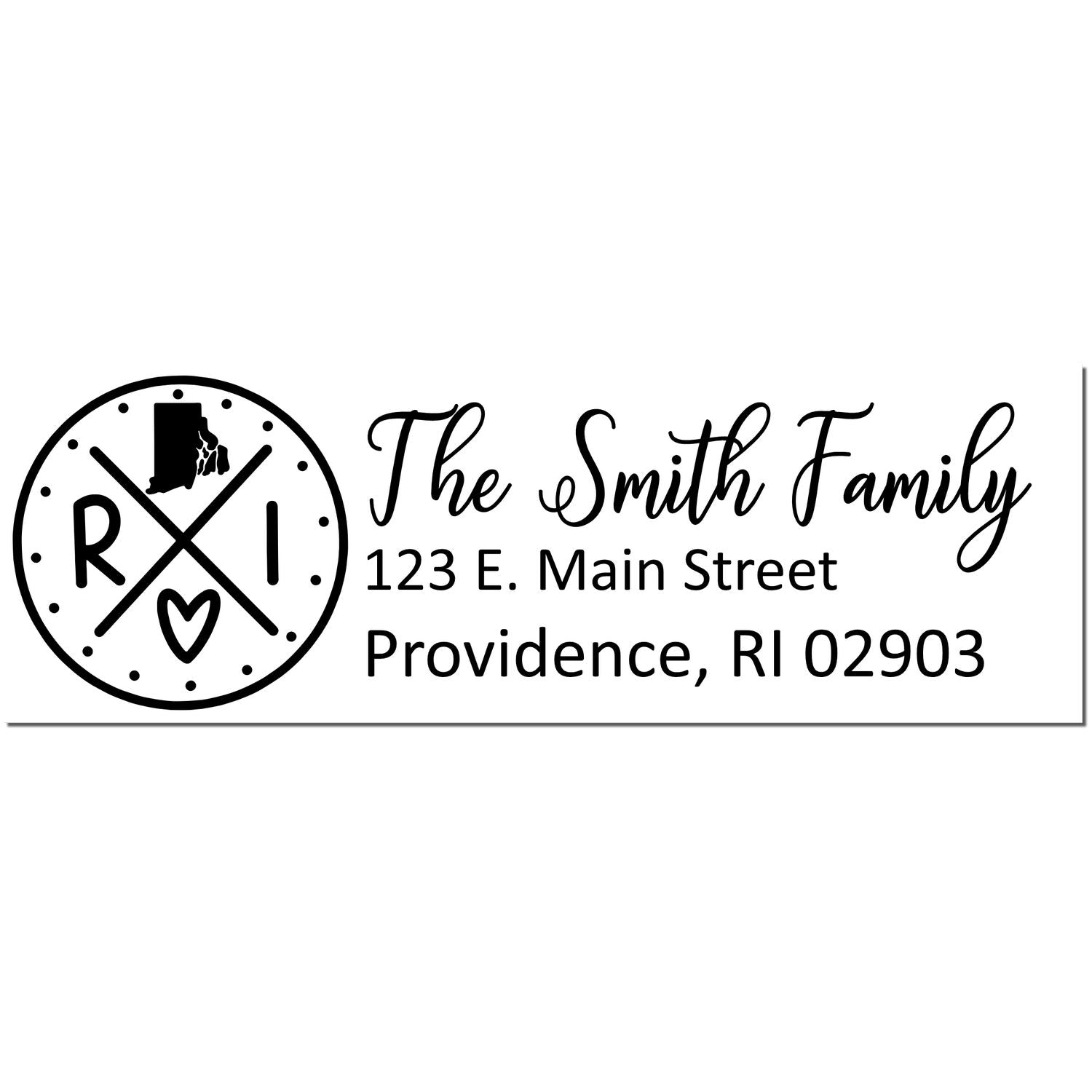 Self-Inking State Love of Rhode Island Custom Address Stamp featuring RI with a heart and state outline, personalized with The Smith Family, 123 E. Main Street, Providence, RI 02903 in elegant font.