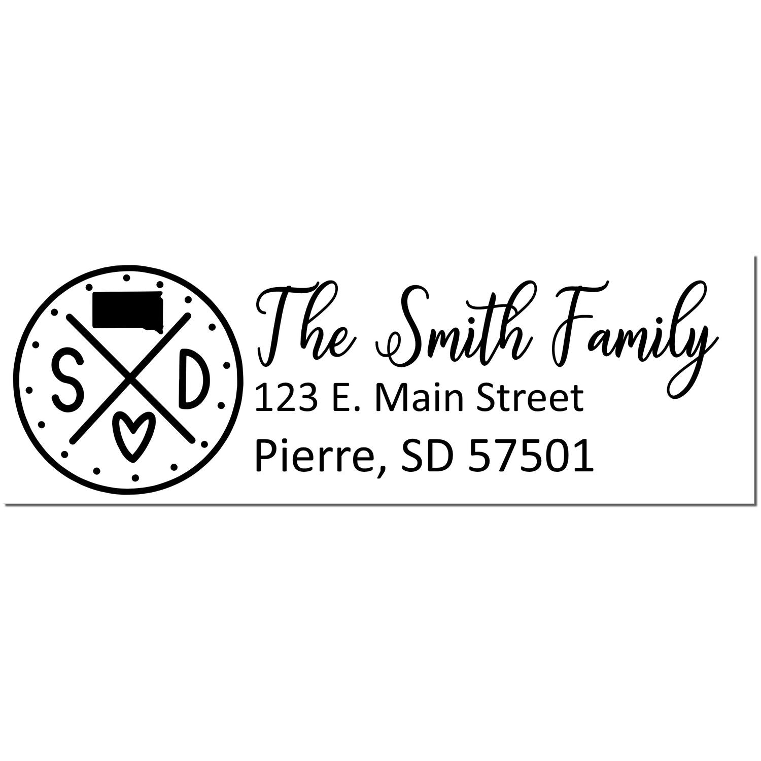 PSI Pre-Inked South Dakota State Pride Customized Address Stamp featuring a circular design with SD and a heart, personalized with The Smith Family and address in elegant script.