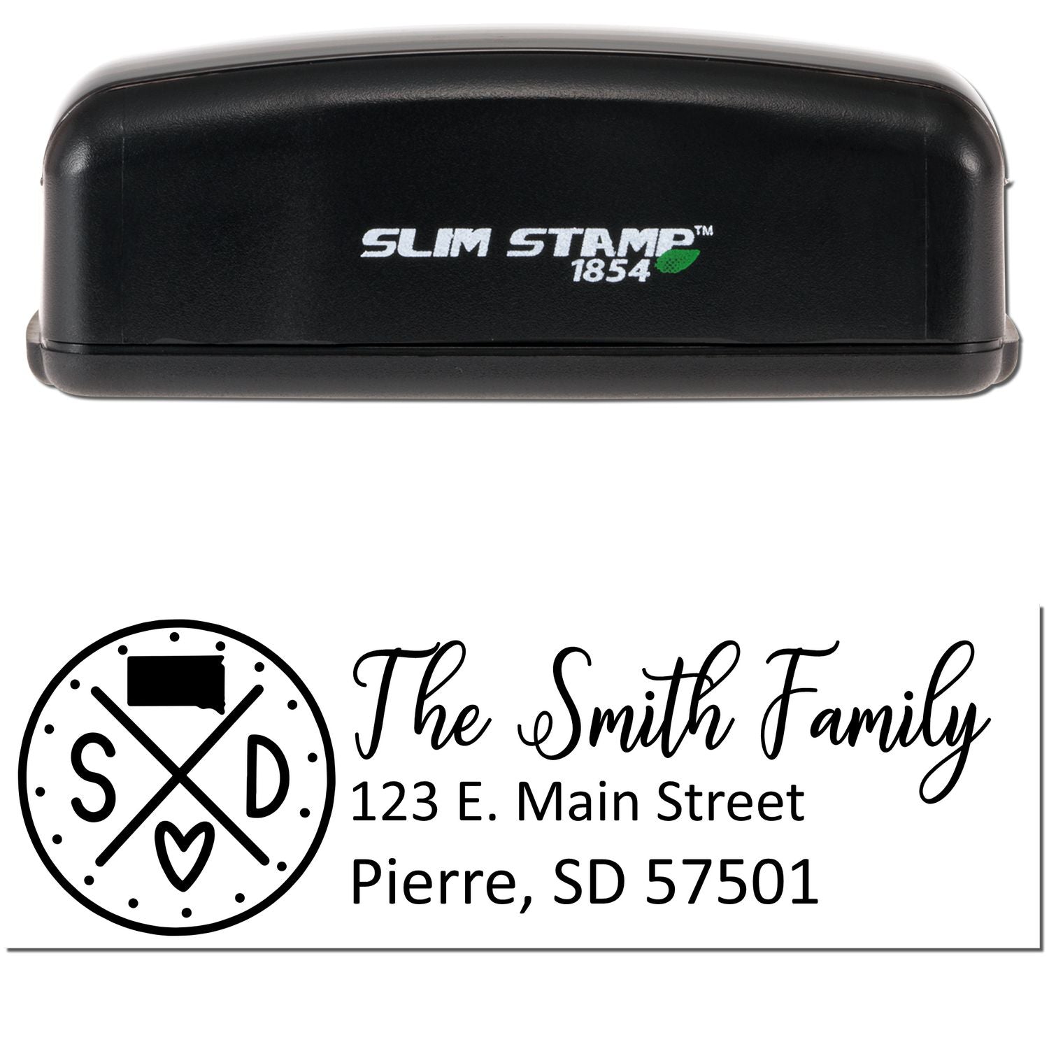 Image of a Slim South Dakota Customized Pre-Inked Address Stamp, featuring a sleek black design with personalized text for The Smith Family and an address in Pierre, SD.