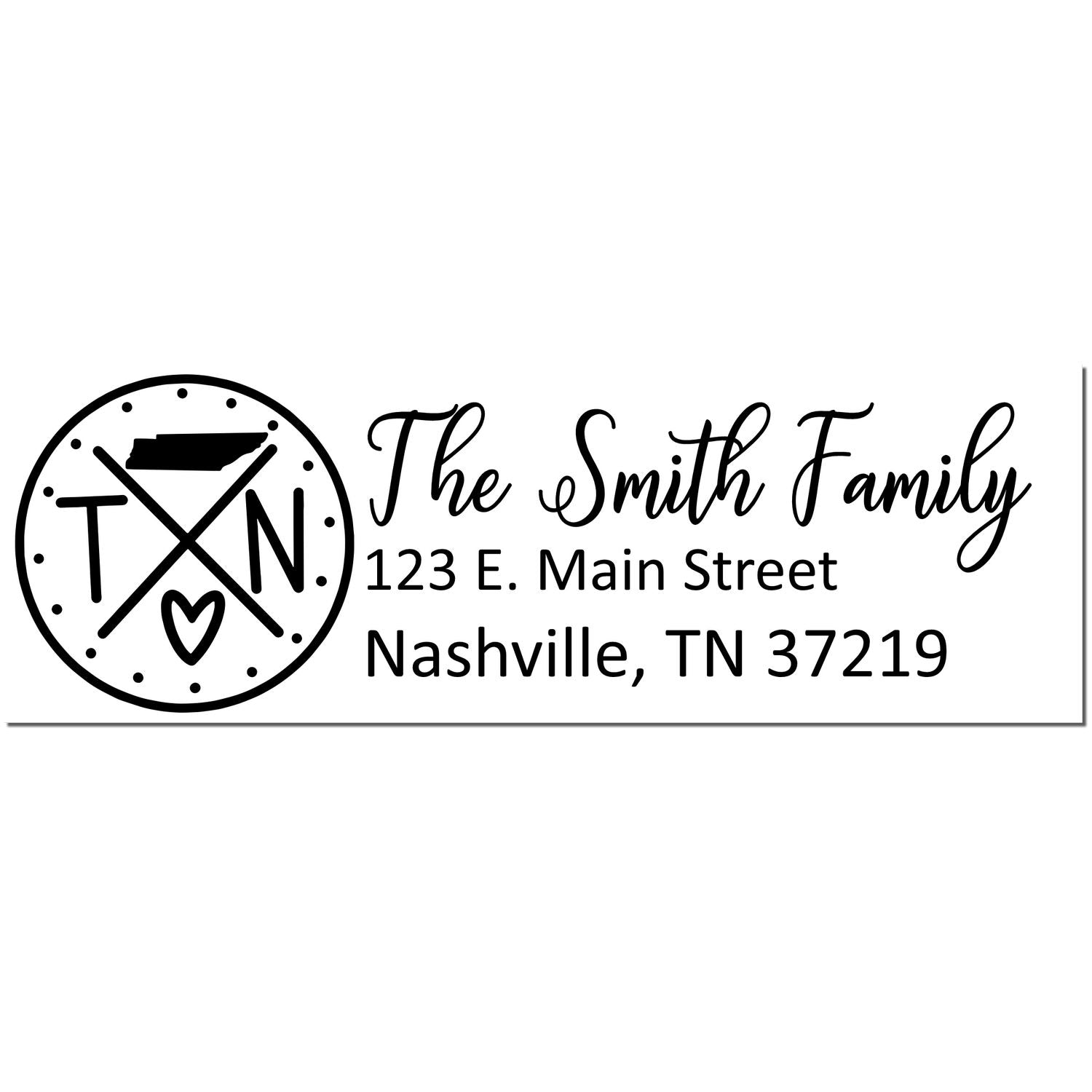 PSI Pre-Inked Tennessee State Pride Customized Address Stamp featuring a circular TN design with a heart, personalized with 'The Smith Family' and Nashville address in elegant script.