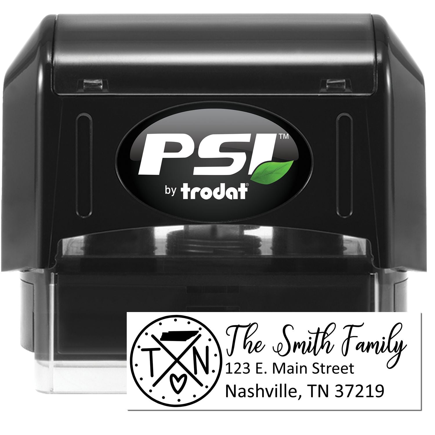 PSI Pre-Inked Tennessee State Pride Customized Address Stamp featuring a black casing with a TN state design and personalized address for The Smith Family in Nashville, TN.