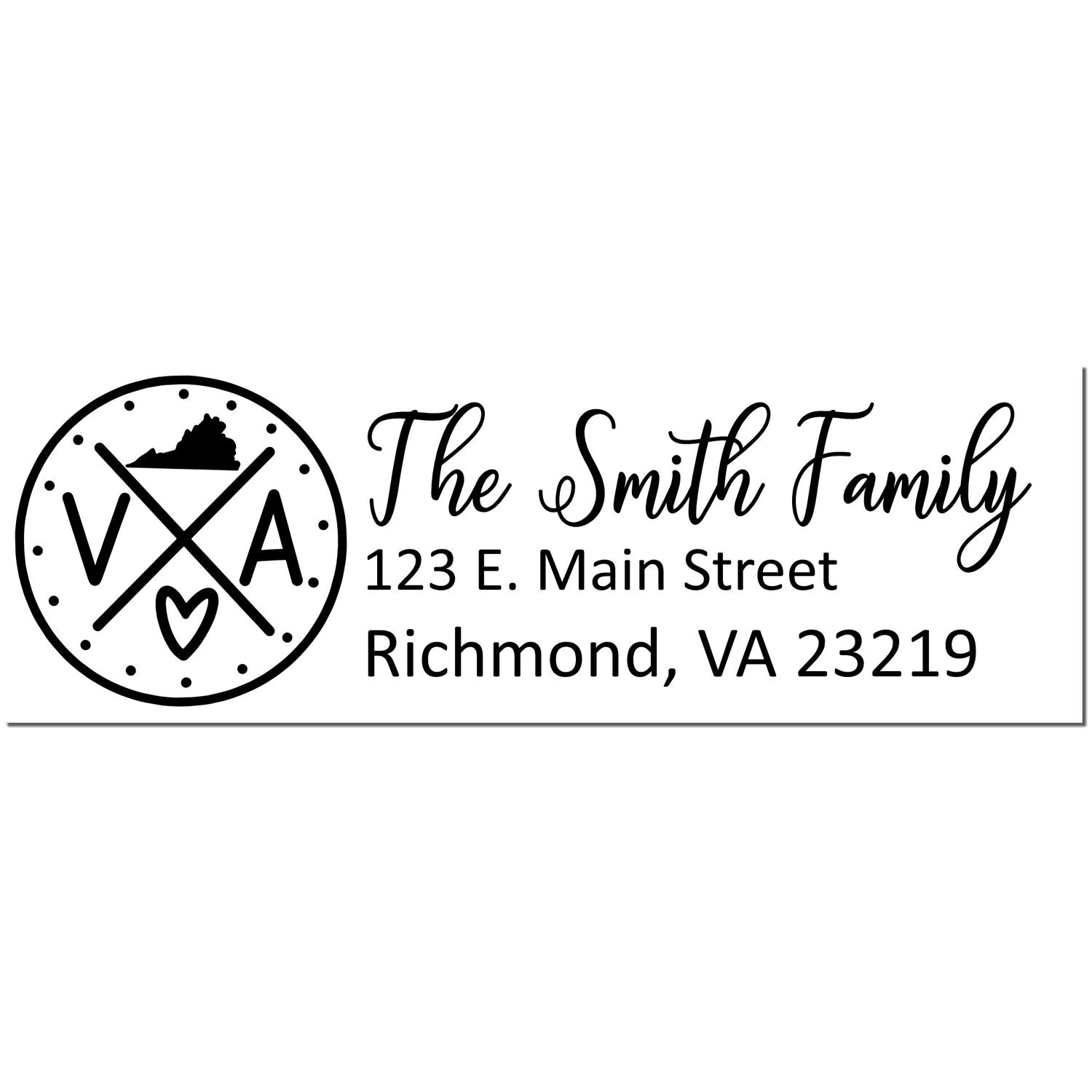 Virginia State Pride Customized Address Stamp featuring a circular VA design with a heart and state outline. Personalized with The Smith Family and address in elegant script.