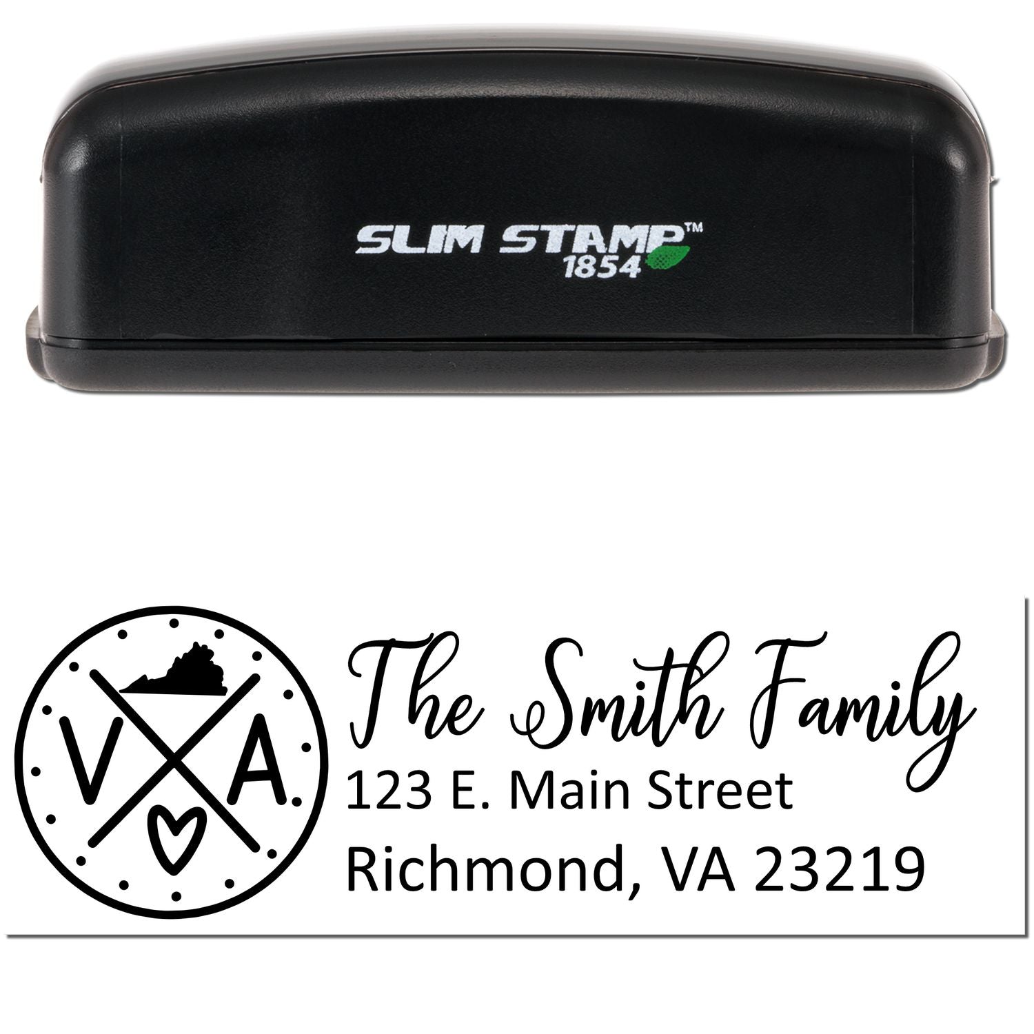 Image of a Slim Virginia Customized Pre-Inked Address Stamp with The Smith Family and an address in Richmond, VA. The stamp is black with a compact design, ideal for personalized mailing.