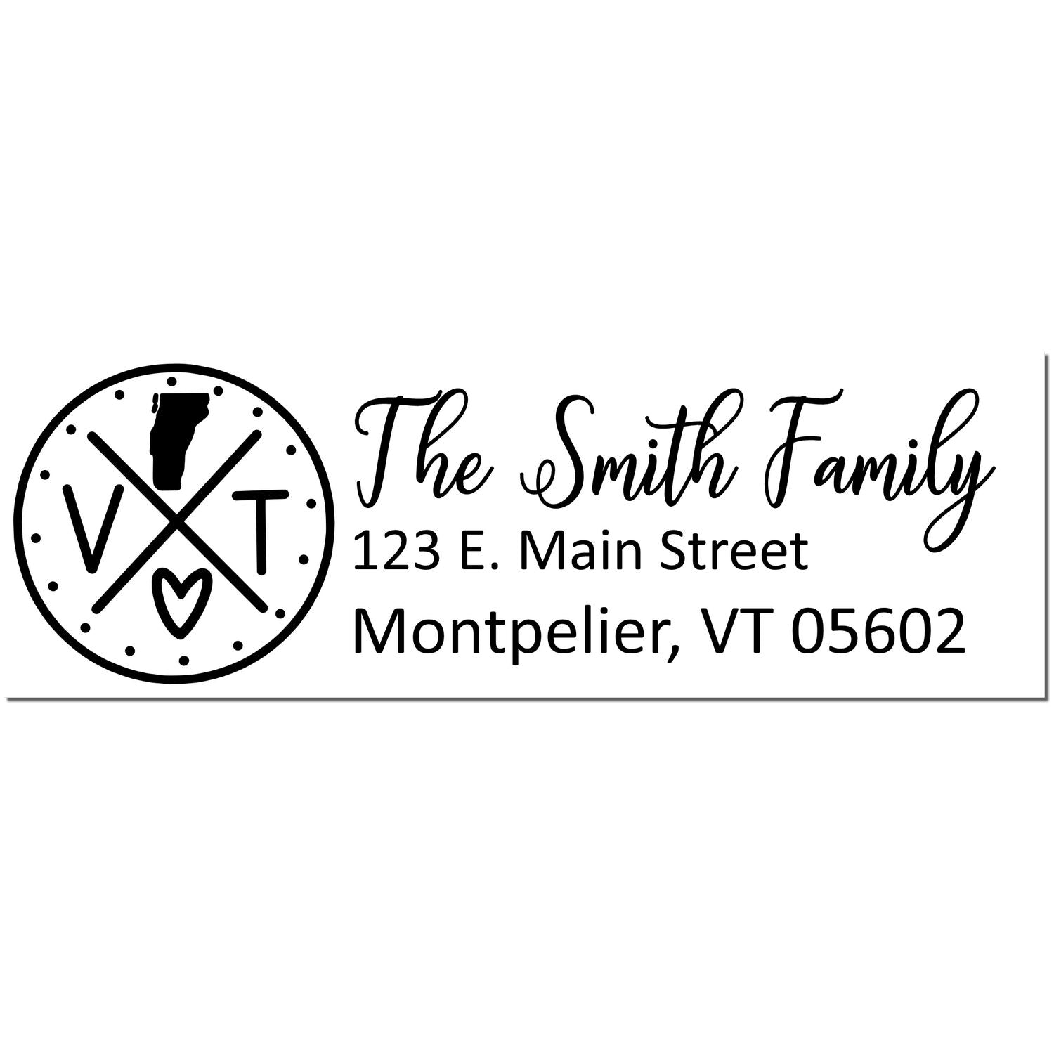 Vermont State Pride Customized Address Stamp featuring a circular VT design with a heart and state outline, personalized with 'The Smith Family' and Montpelier address in elegant script.